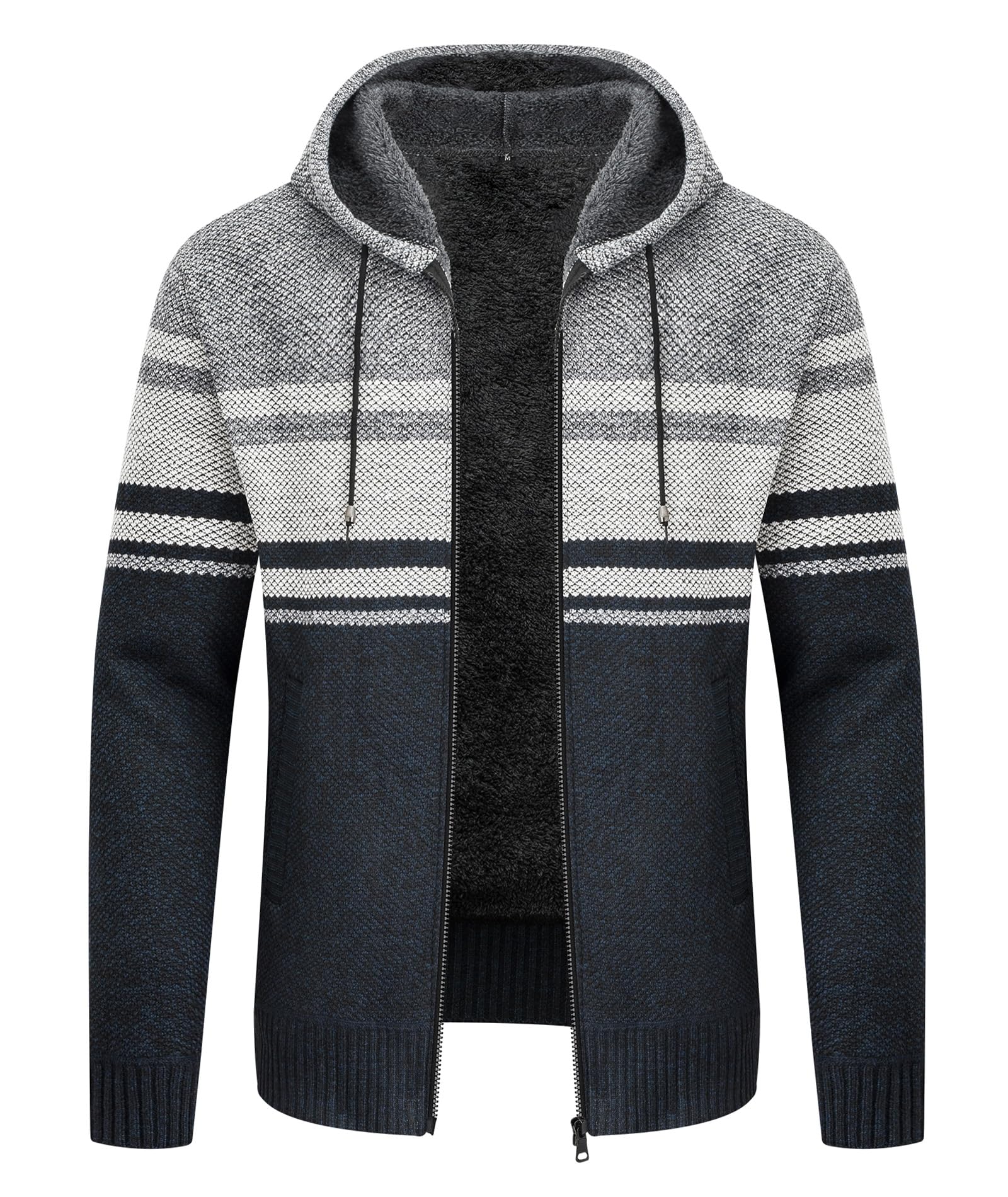 Mens Knit Cardigan Sweaters Sherpa Lined Full Zip Hoodie With Pockets