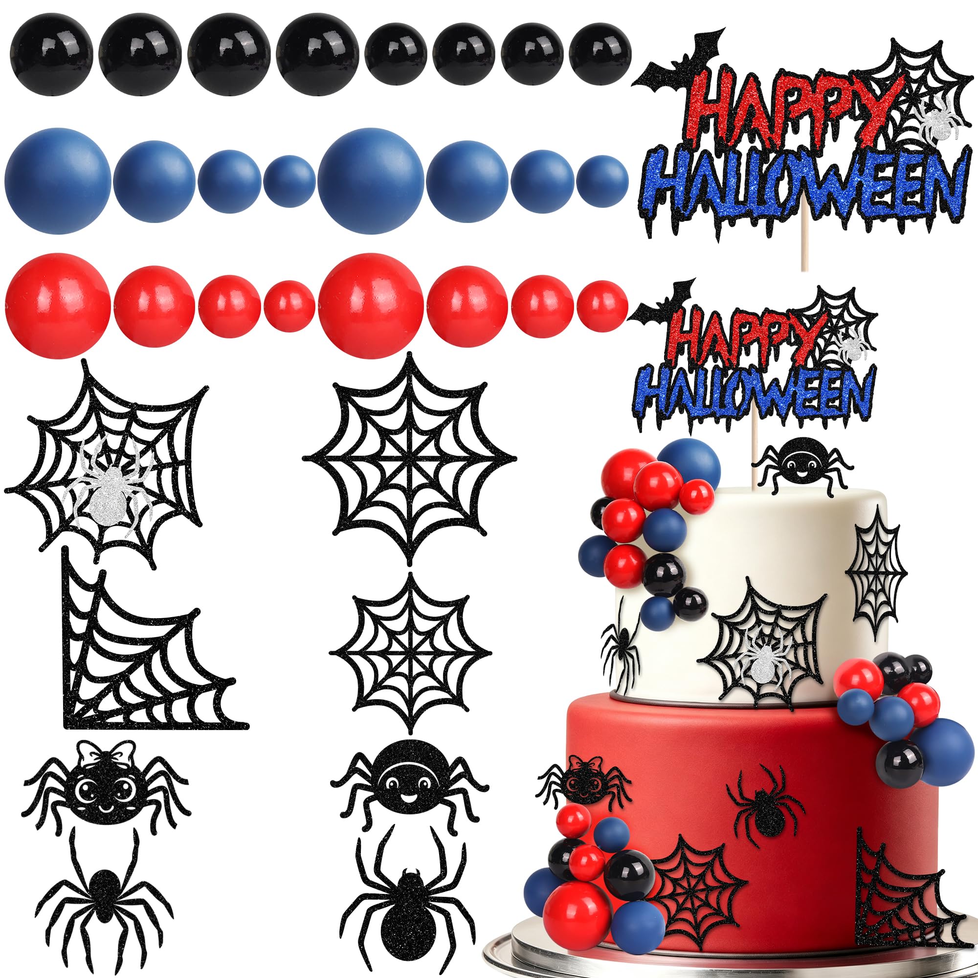 Xsstarmi 33 Pack Happy Halloween Cake Topper Decorations Spider Cake Topper Spider Web Bat Balls Cake Pick for Boys Girls Halloween Birthday Party Decorations Supplies