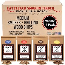 Cattleack Smokin Tinder Premium Wood Chips Variety Pk, Unleash Flavorful BBQ Magic, 1 lb each bag, Elevate Your Grilling and Smoking Game, Proudly Made in the USA Apple, Pecan, Hickory, Mesquite