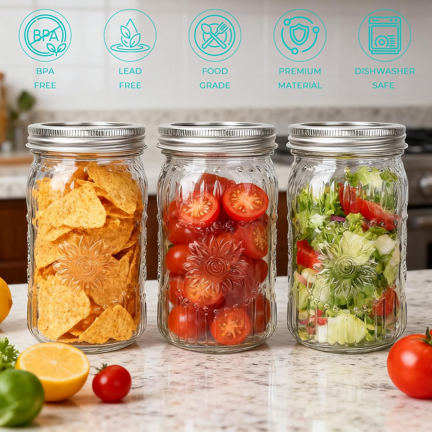 CycleMore Wide Mouth Mason Jars 32oz, 12Pack Glass Canning Jars with Metal Airtight Lids and Bands, 1Quart Large Food Canister forJam Making, Pantry Organization & Party Decor