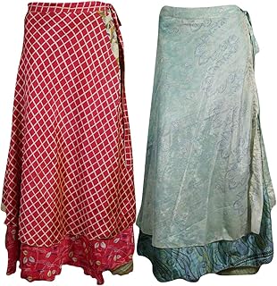 Mogul Interior 2pc Womens Wrap Around Skirt Printed Silk Sari 2 Layer Beach Cover Up Holiday Dress OneSize Green,red