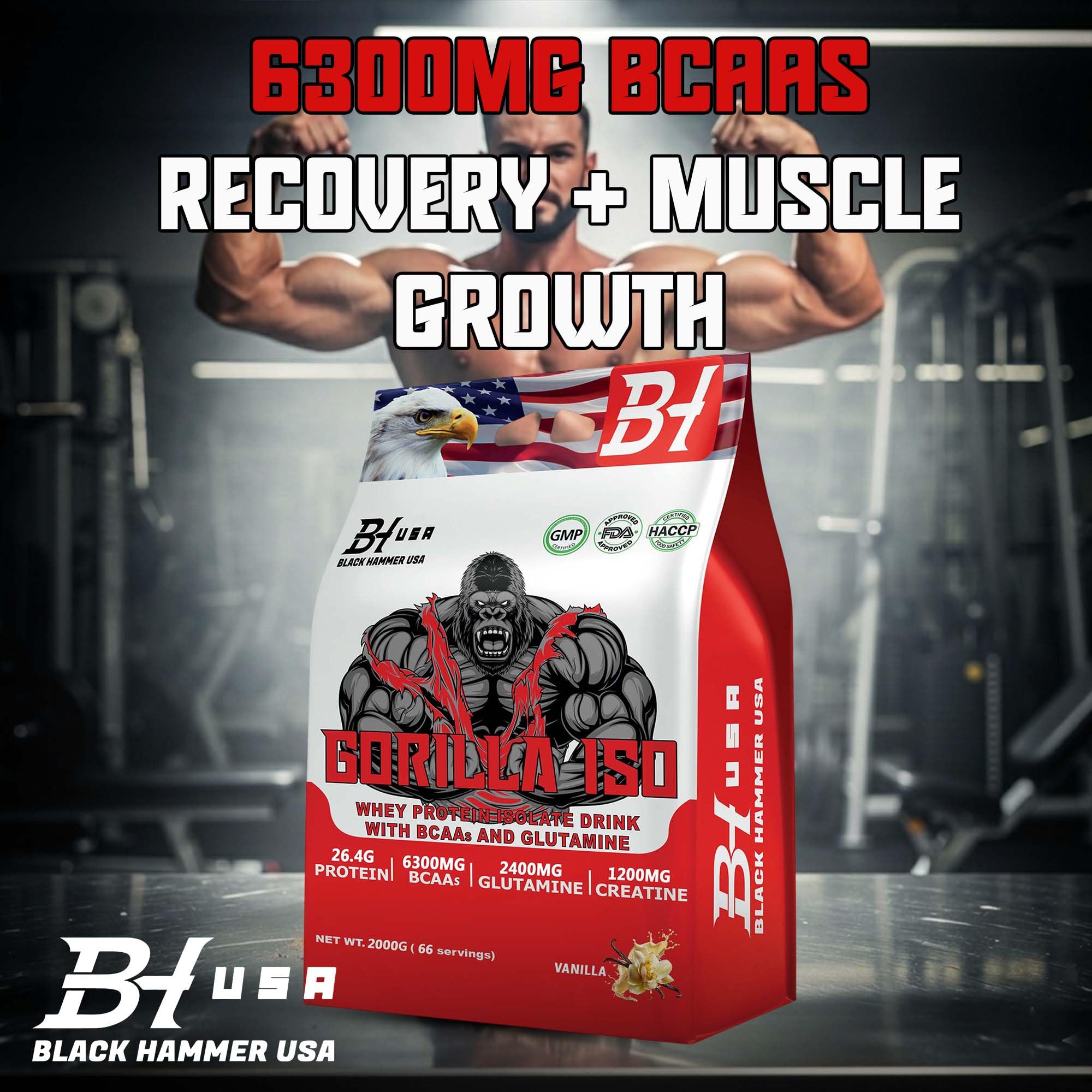 3 x Gorilla ISO Whey Protein Isolate 2KG Bundle (6KG Total) | 88% Protein | Added Creatine, Glutamine & BCAAs | Low Sugar - Black Hammer USA (Vanille)