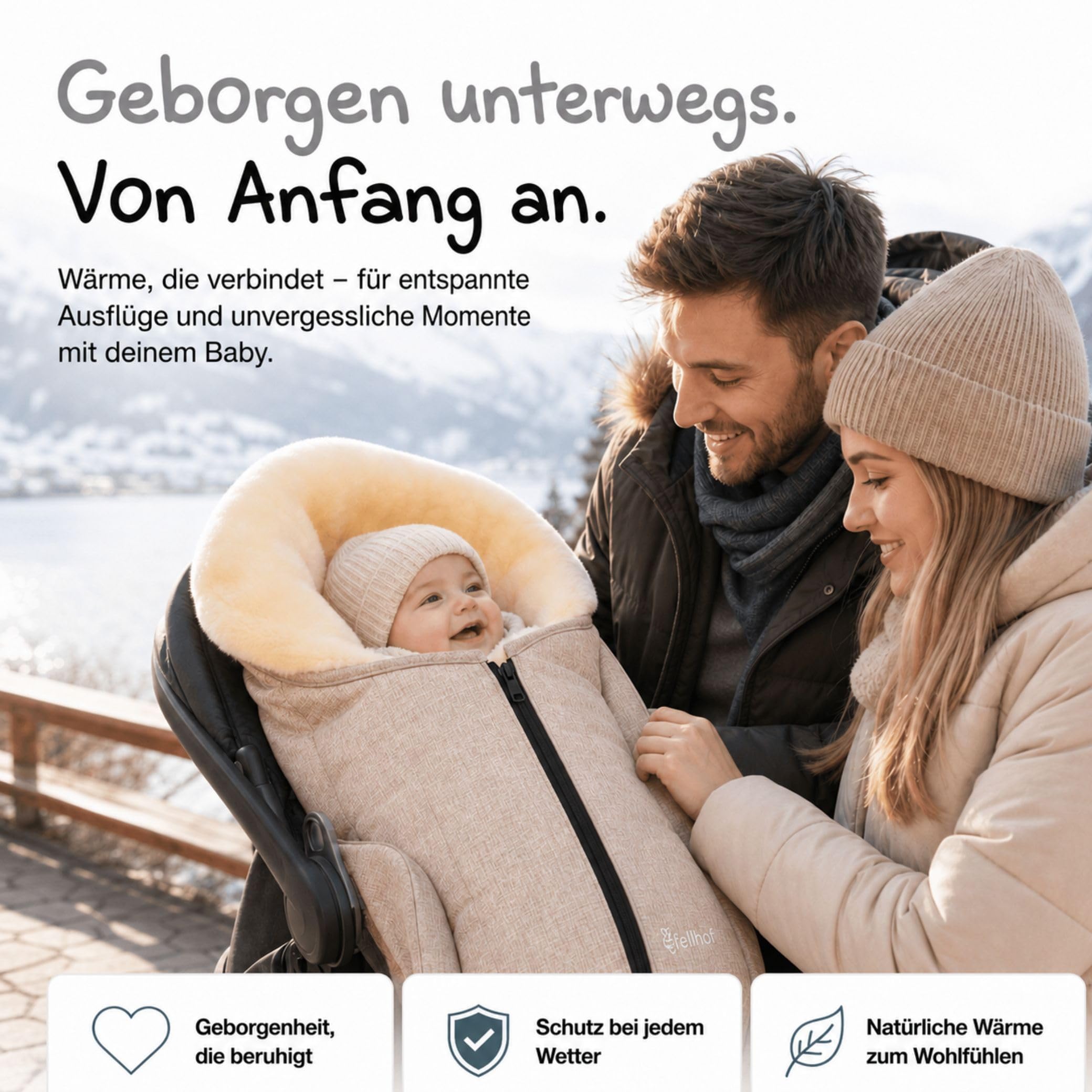 Fellhof Fußsack Babyschale Gastein, Einschlagdecke | Kinderhaus Blaubär: für Babywanne & Neugeborene, 100% Merino-Lammfell, atmungsaktiv & waschbar