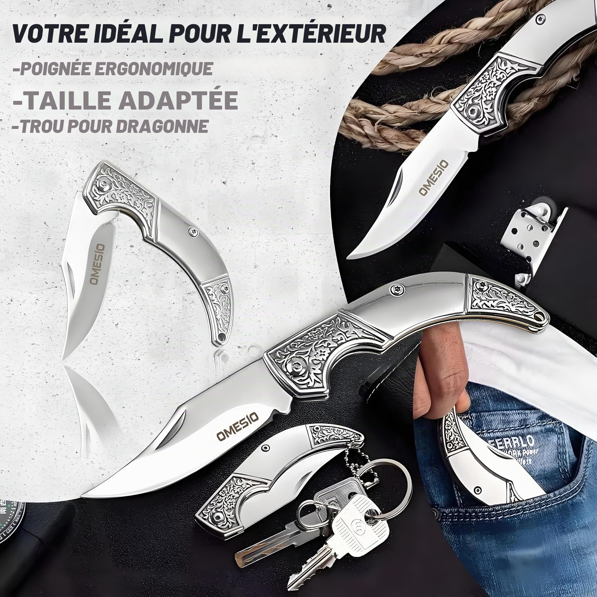 Couteau Pliant Mini Petit Couteau de Poche à Deux Mains Porte Clé Couteau à