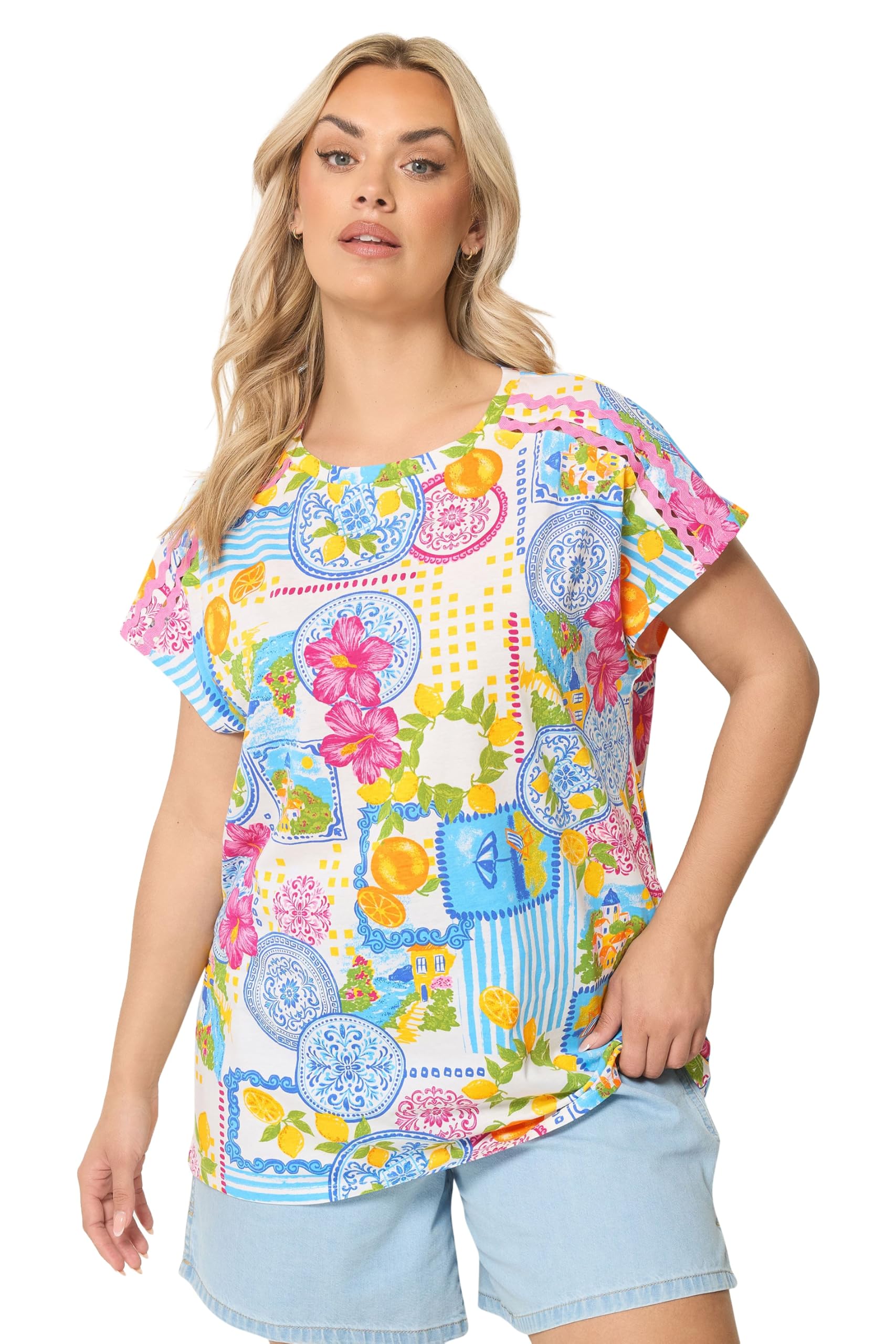 Yours Women's Multi Tile Print Trim Detail T-Shirt Size 20