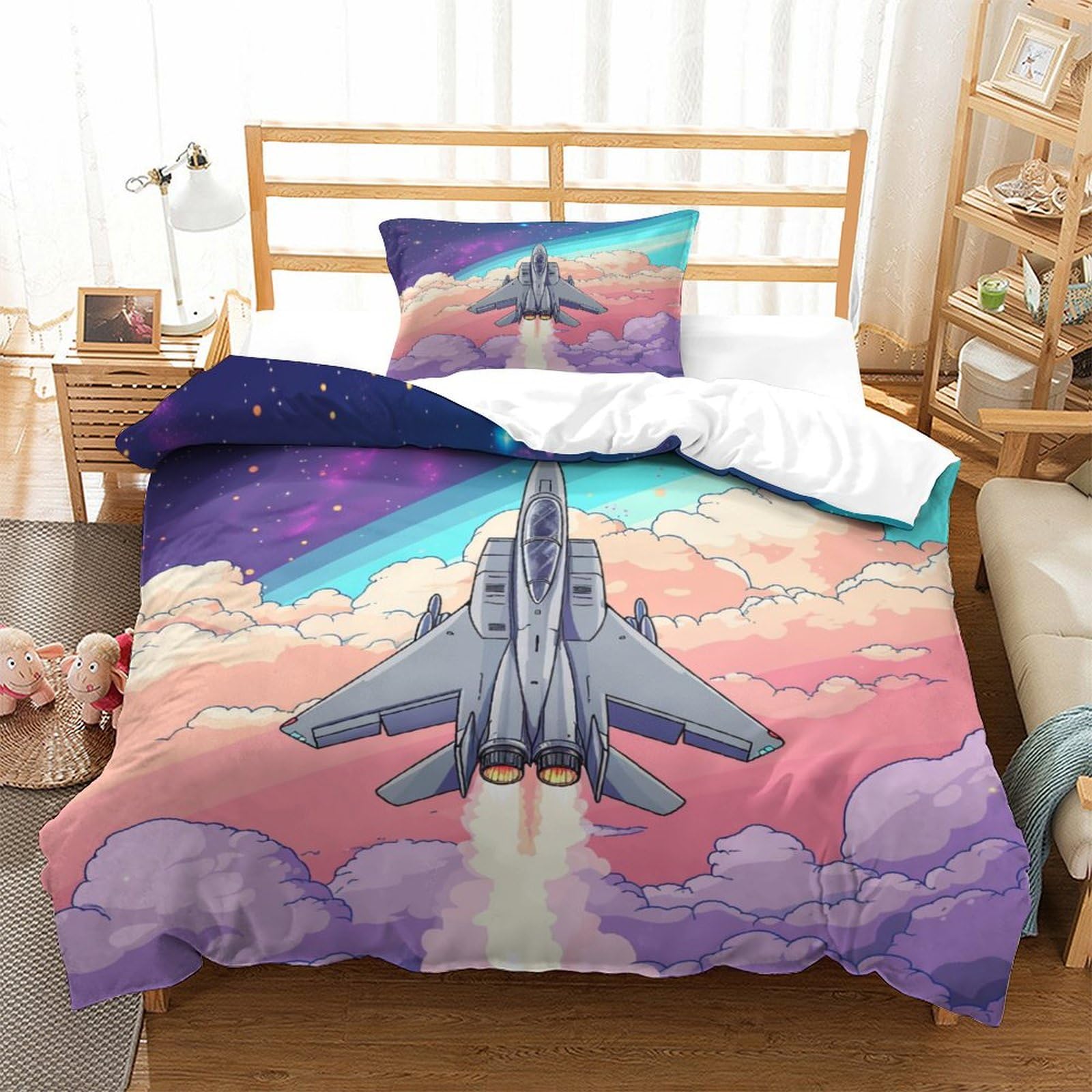 P1s9u7w5y Aircraft-1 Dream Sky Aircraft 3D Printed Duvet Cover Set 3Pcs Microfiber Space Cloud Bedding Set Single（135X200cm）