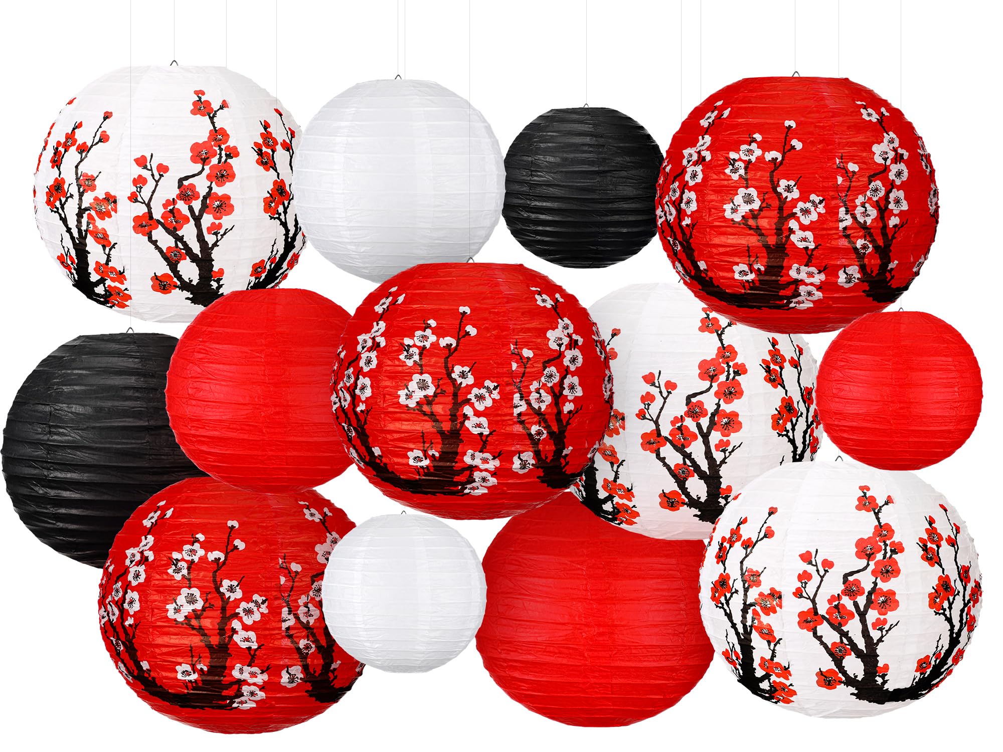 13 Pcs Chinese Japanese Paper Lantern Chinese New Year Lantern Decorative Hollow Out Round Plum Blossom Red White Gold CNY Party Decor for Spring Festival(Dark Color)