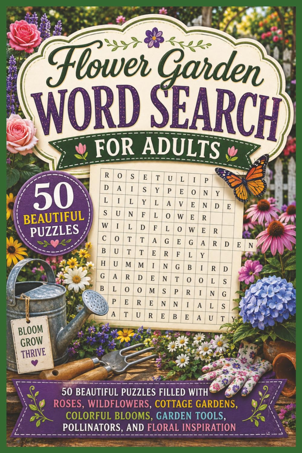 Flower Garden Word Search for Adults: 50 Beautiful Puzzles Filled with Roses, Wildflowers, Cottage Gardens, Colorful Blooms, Garden Tools, ... Inspiration (Word search books collection)