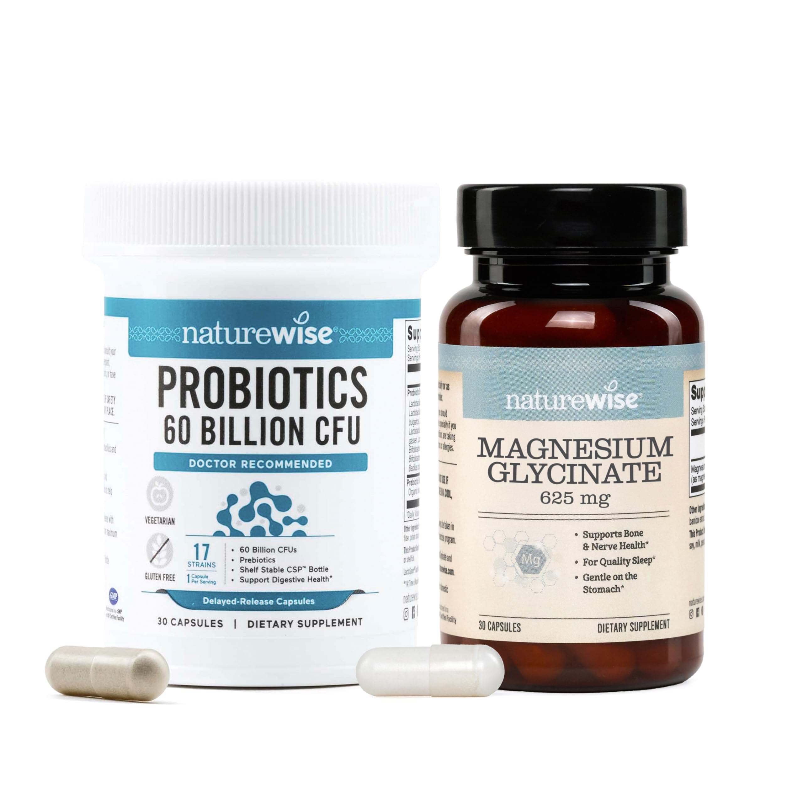 NatureWise [1] Probiotics 60 Billion CFU + Organic Prebiotics - 30 Capsules[1-Month Supply] + [1] Magnesium Glycinate 625mg - Chelated Magnesium - 30 Capsules[3