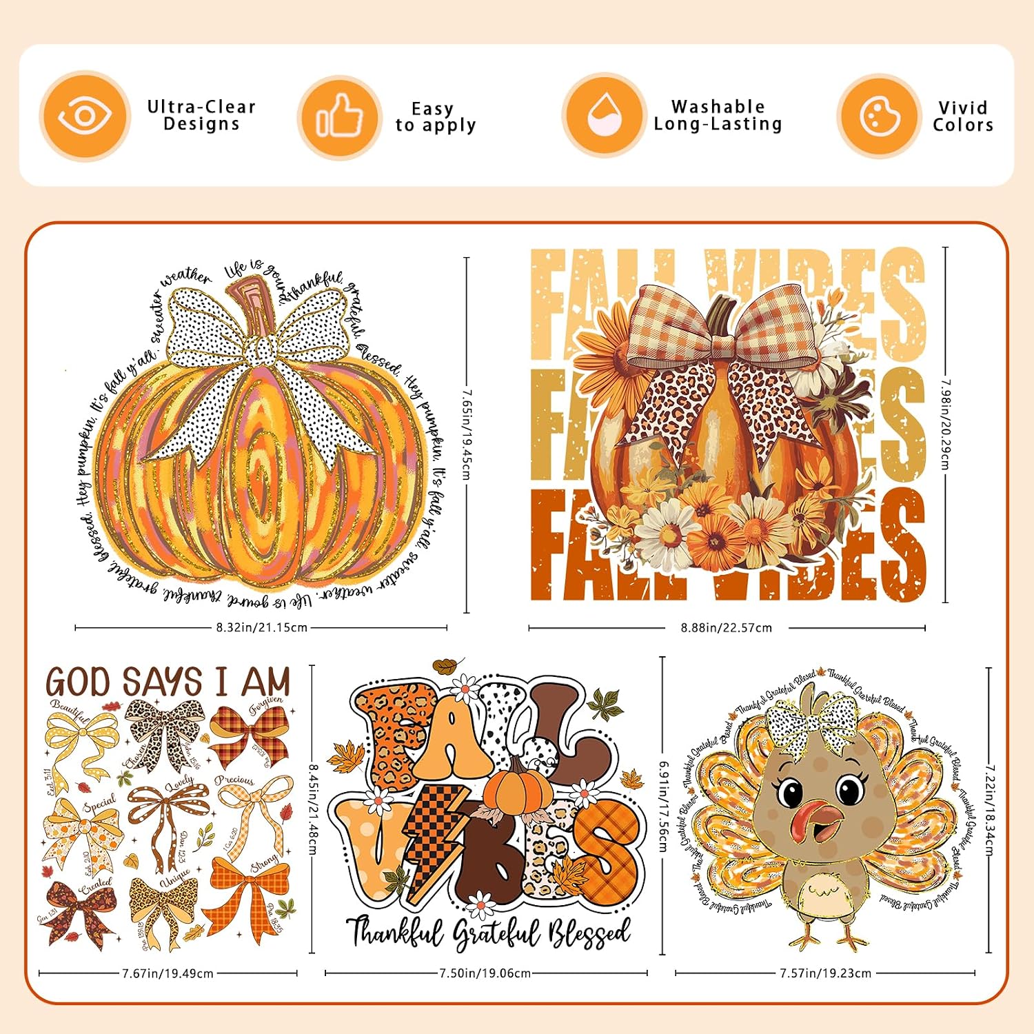 Tintnut Fall Pumpkin DTF Transfers Ready to Press,10 Pcs Iron on Transfers