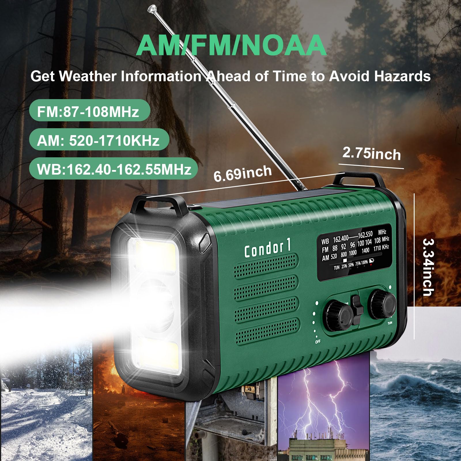 Radio solaire d'urgence 20 000 mAh avec manivelle, radio météo NOAA et chargeur USB – Banque d'alimentation portable, lampe de poche LED, alarme SOS (vert kaki)