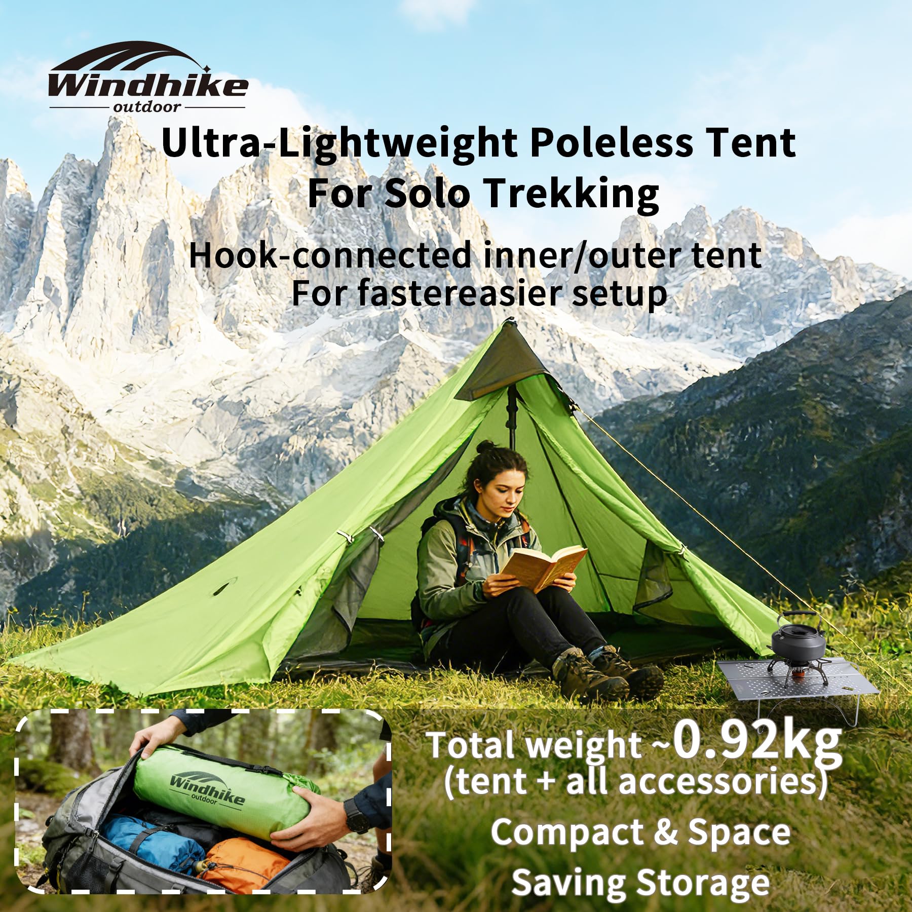 Windhike Tente ultra légère 0,92 kg, sans barres, pour 1 personne, tente de trekking, double couche, facile à monter, bien ventilée, PU 5000 mm imperméable et coupe-vent, pour la randonnée