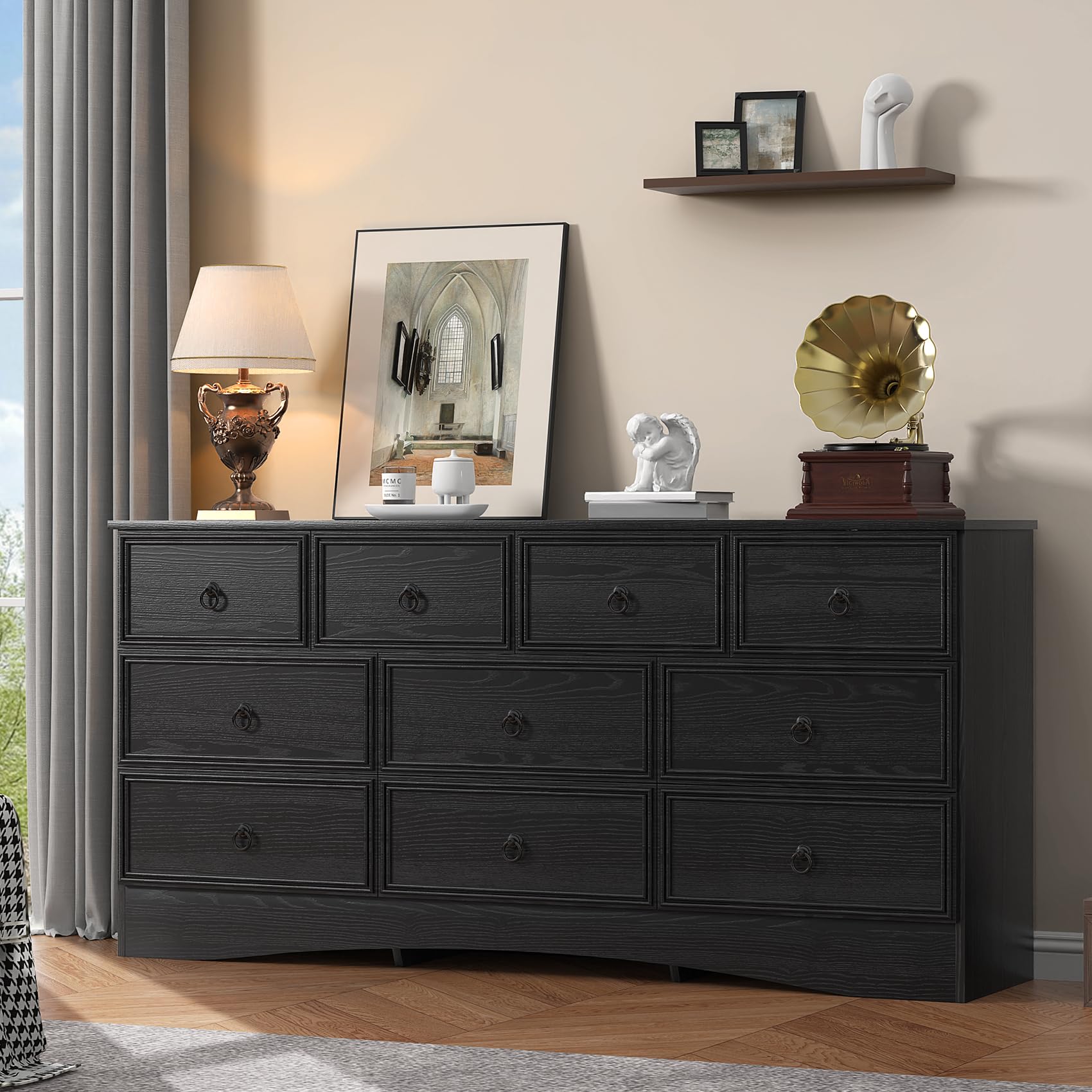 VVFLU 63'W Dressers for Bedroom, Black Dresser with 10 Deep Drawer