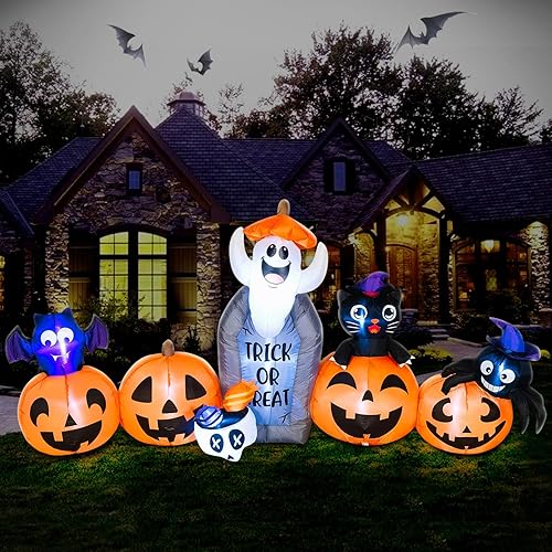 DomKom Decoraciones inflables de Halloween de 8 pies, calabazas inflables y lápida, fantasma, gato, murciélago, araña, luces LED, decoración de