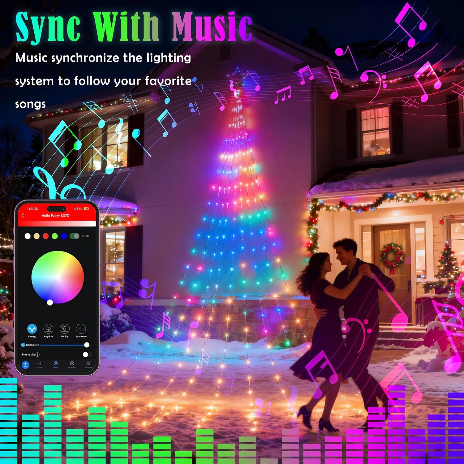 Smart Christmas Tree Waterfall Lights with Star, 16.4FT 245LED RGB APP & Remote Control USB Powered Music Sync Outdoor Christmas Lights, Animated Christmas Decorations for Yard and Holiday Display image 3