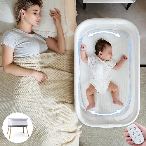 Electric Bassinet for Baby 3 Rocking Speeds, Auto Bedside Sleeper with 8 Soothing Music, Rocking Bassinet for Infant, Grey