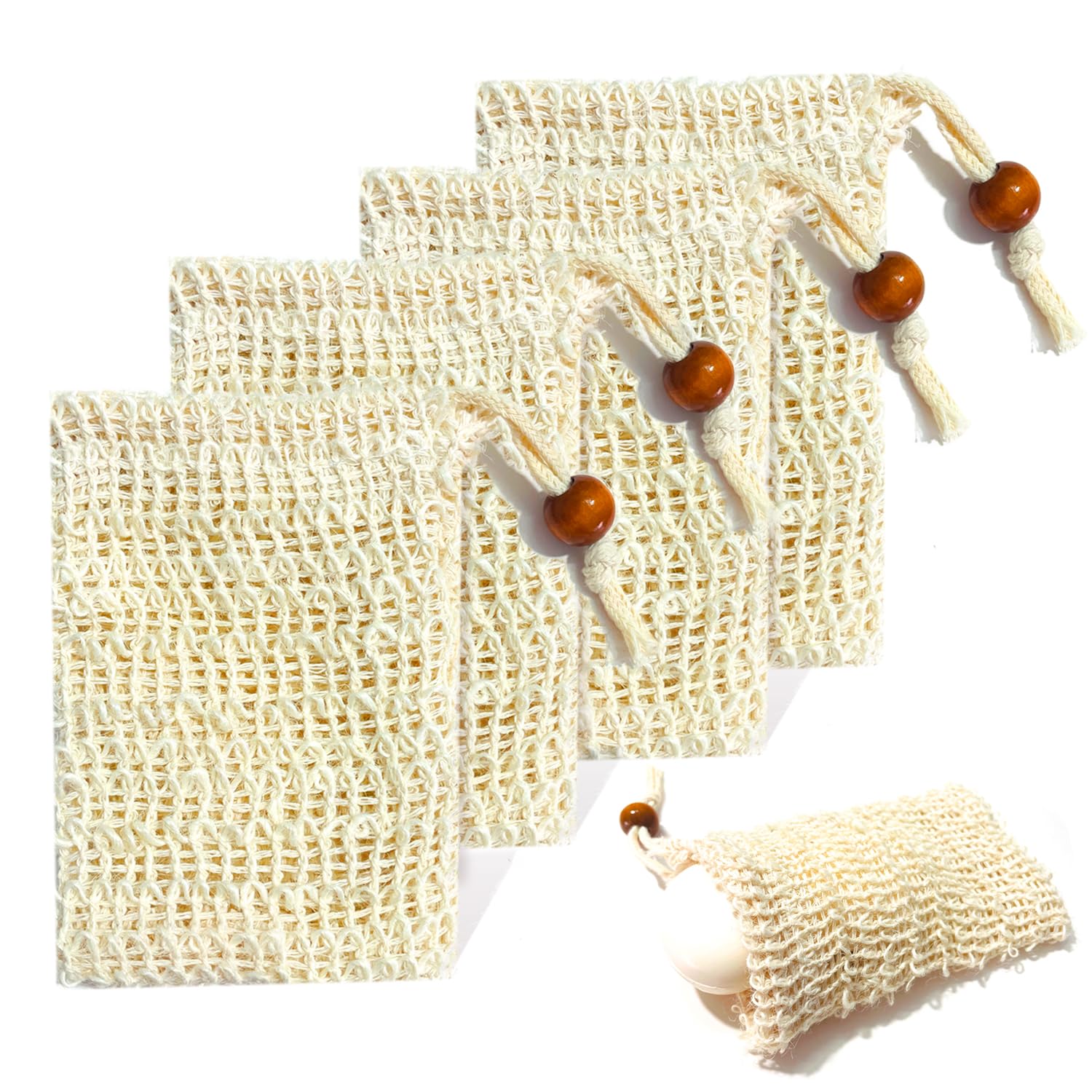4 Stück Seifensäckchen Sisal Seifenbeutel, Natürliches Seifenbeutel Feste Seife Seifenbeutel Seifennetz Festes Shampoo Seifenbeutel Aufschäumen Für Bäder Massage Peeling Seifensäckchen Bio (4 Stück)
