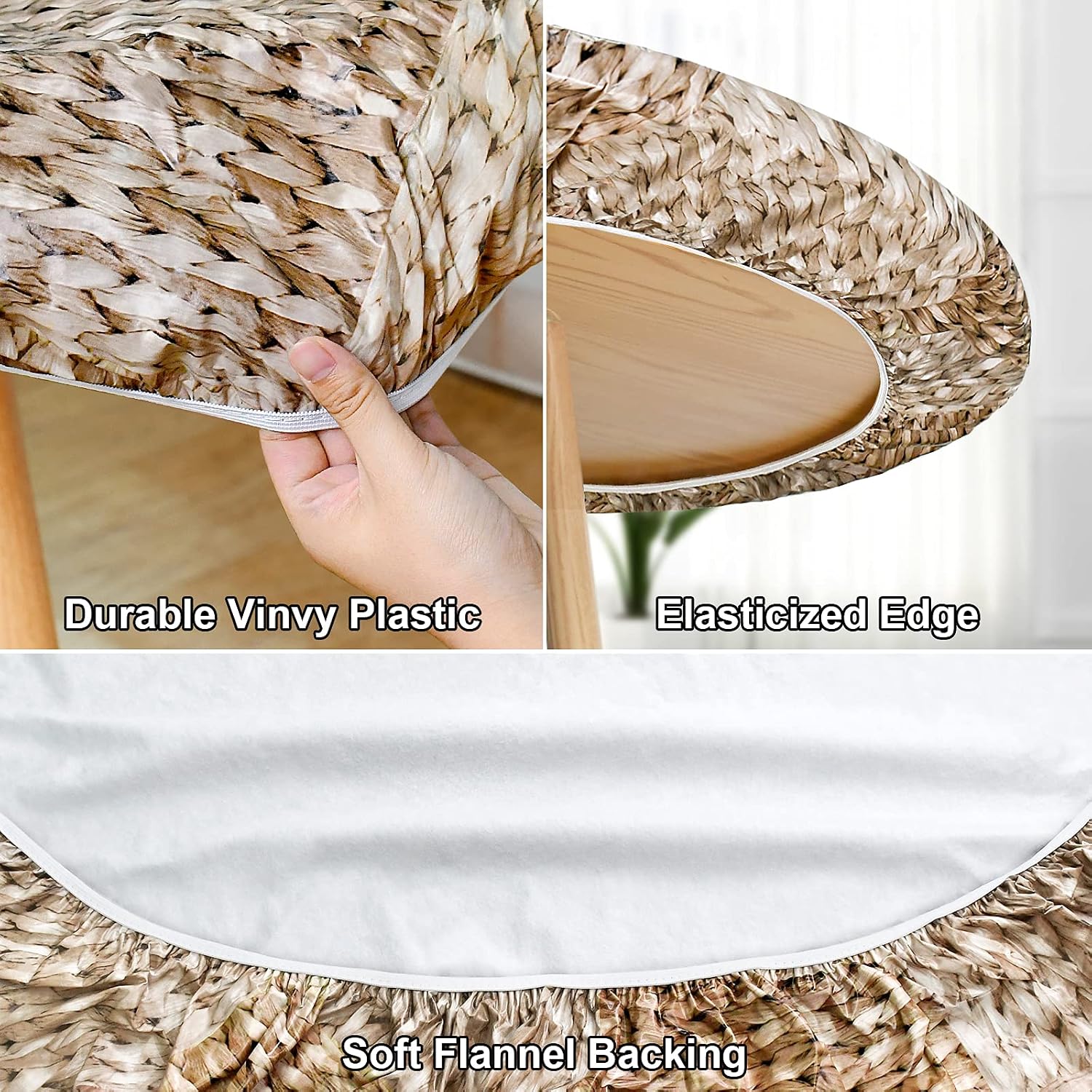 Yoochee Round Fitted Vinyl Tablecloth with Flannel Backing Elastic Edged Waterproof Oil Proof PVC Table Cover for Indoor Outdoor Patio Table Use Round Table Protector (45"-56", Round, Wicker)