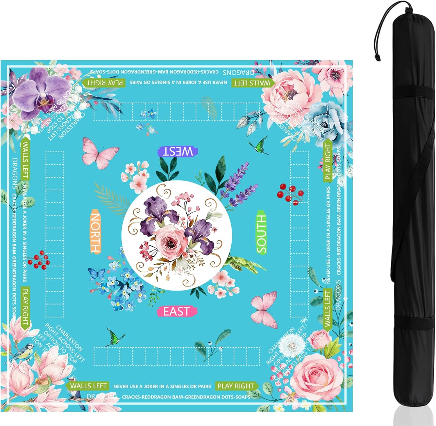 Mahjong Mat for Table with Flower Pattern, 31.5x31.5 Inch Mahjong Mats with Printed Rules and Storage Bag, Suitable for Family Gaming Activities (Blue)