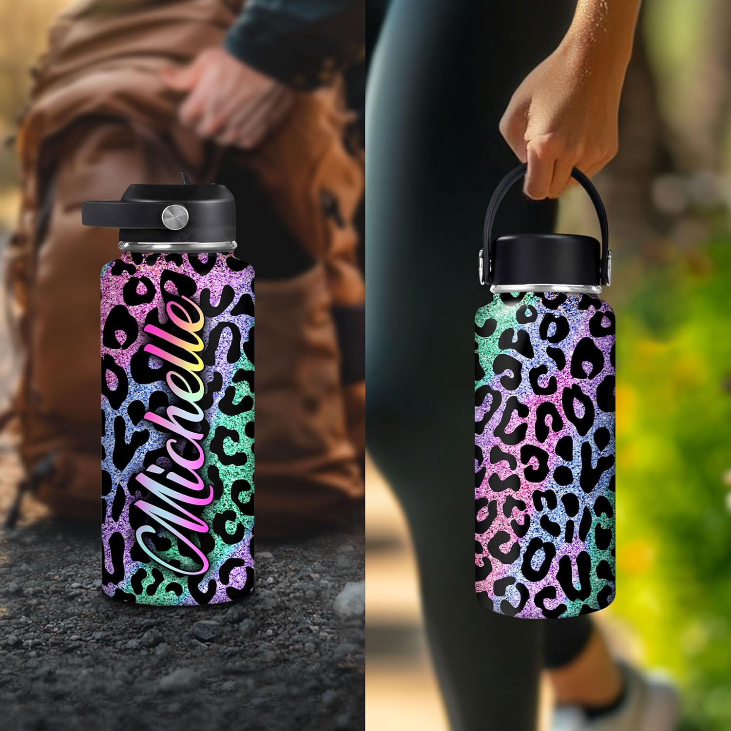 Hyturtle Personalized Leopard Water Bottle - Insulated Stainless Steel Bottle with Leak-Proof Lid 18oz 32oz - Leopard Print Gift for Women, Girls, Animal Lovers - Birthday & Christmas Gift