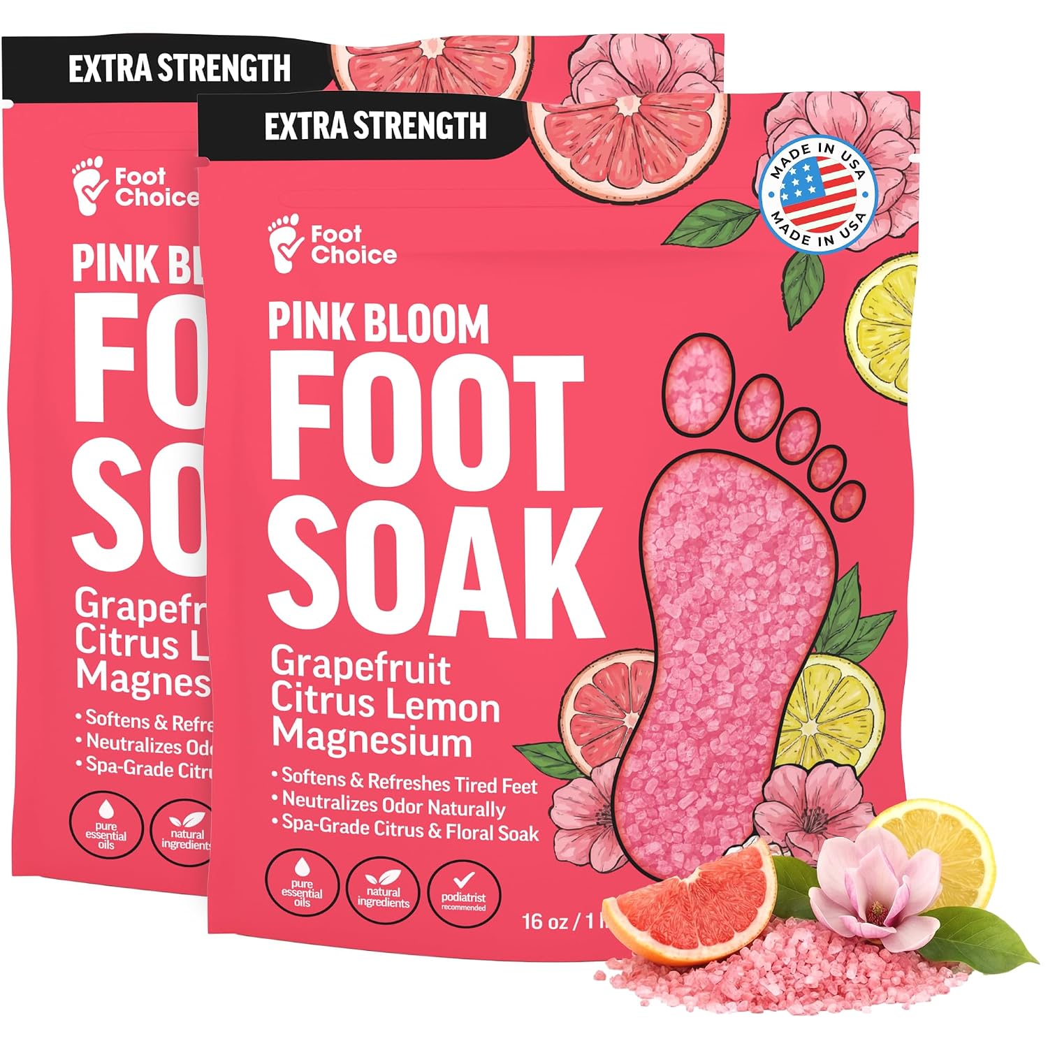 Pink Bloom Foot Soak with Pink Himalayan Salt & Grapefruit - Refreshing Citrus Blend to Soften & Renew Tired Feet - Natural Spa Care - 2 Pack