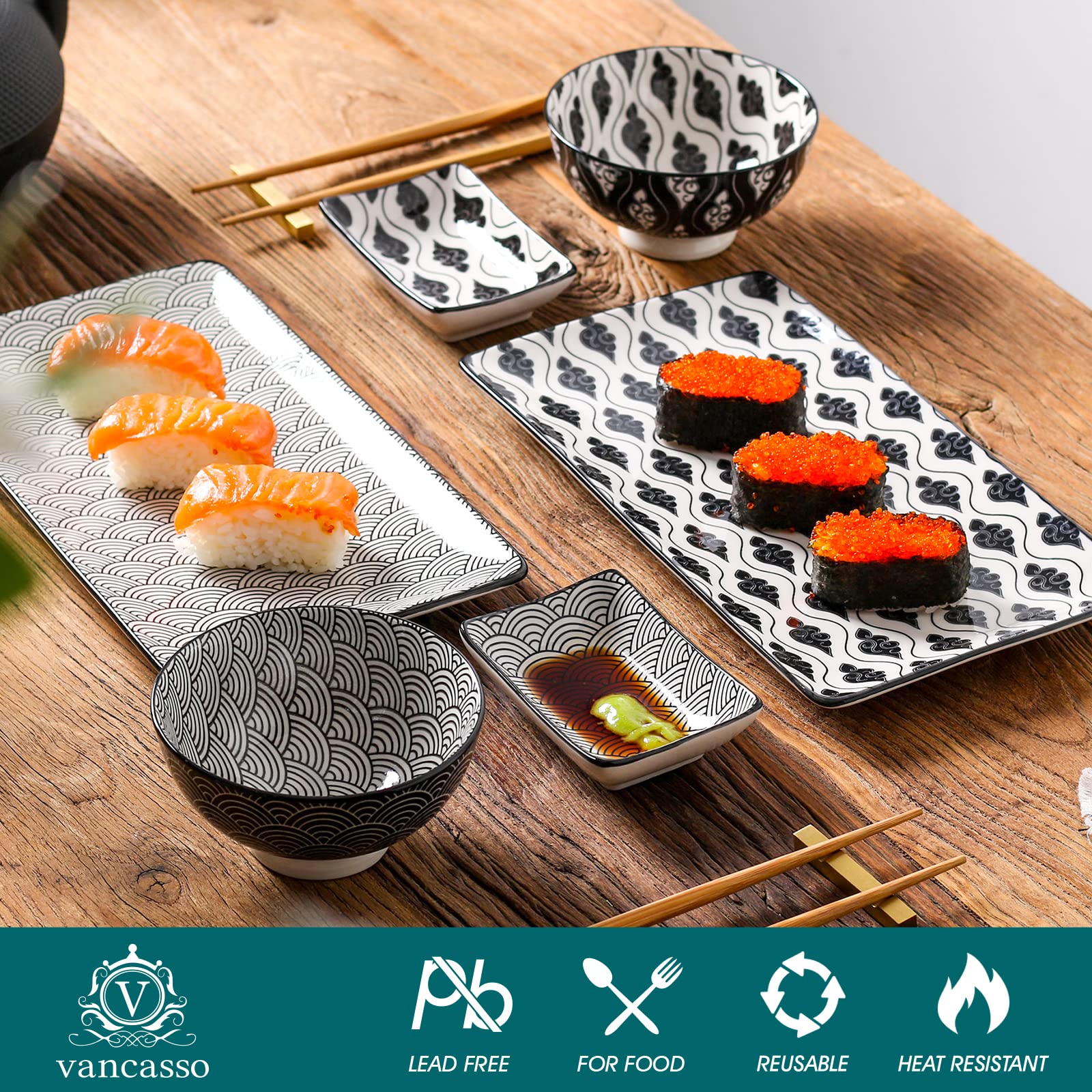 vancasso, Serie Haruka, Servizio di Sushi, 2 piatti per salsa, 2 piatti piatti rettangolari e 2 bacchette, 2 ciotole giapponesi per 2 persone, confezione regalo