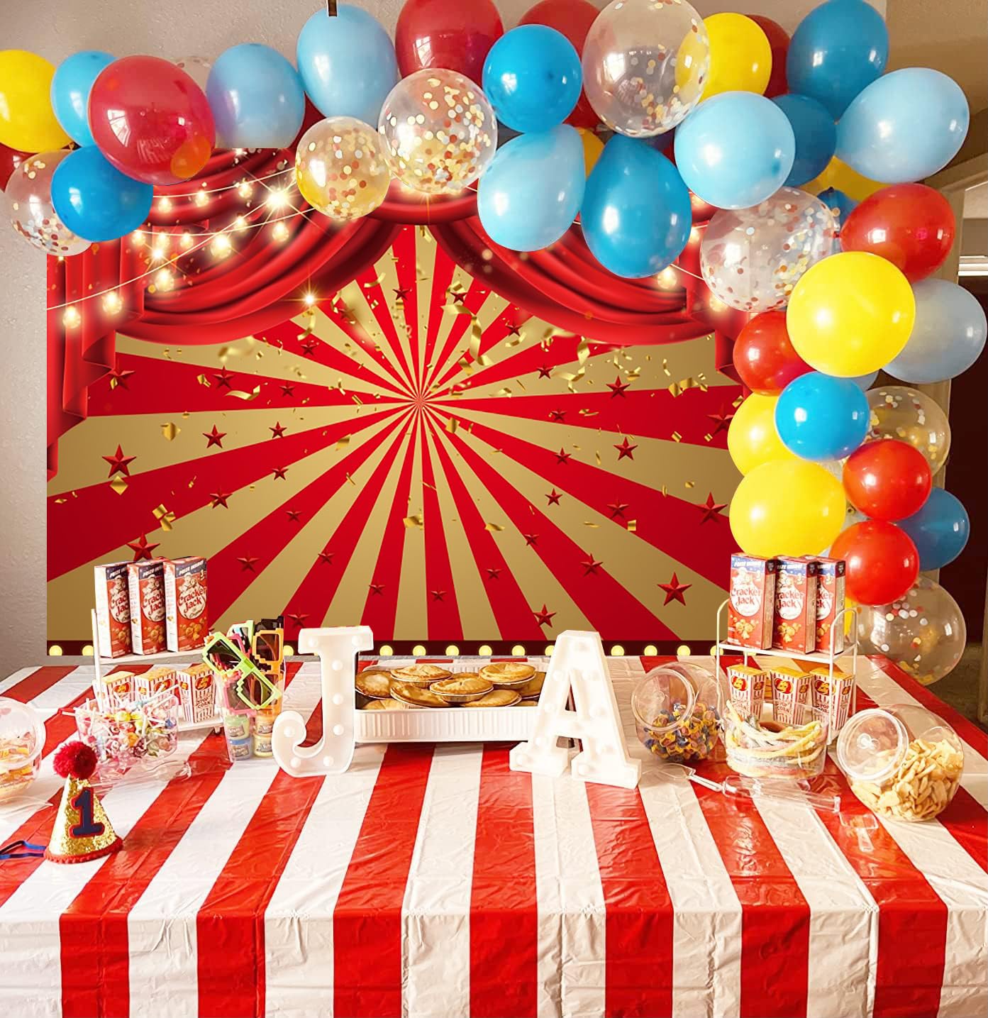 YongFoto 3 x 2 m Foto-achtergrond Circus Kamperen Luifel Ballon Driehoekige Vlag Fantasie Achtergrond Circus Decoratie Carnaval Kostuum Party Play