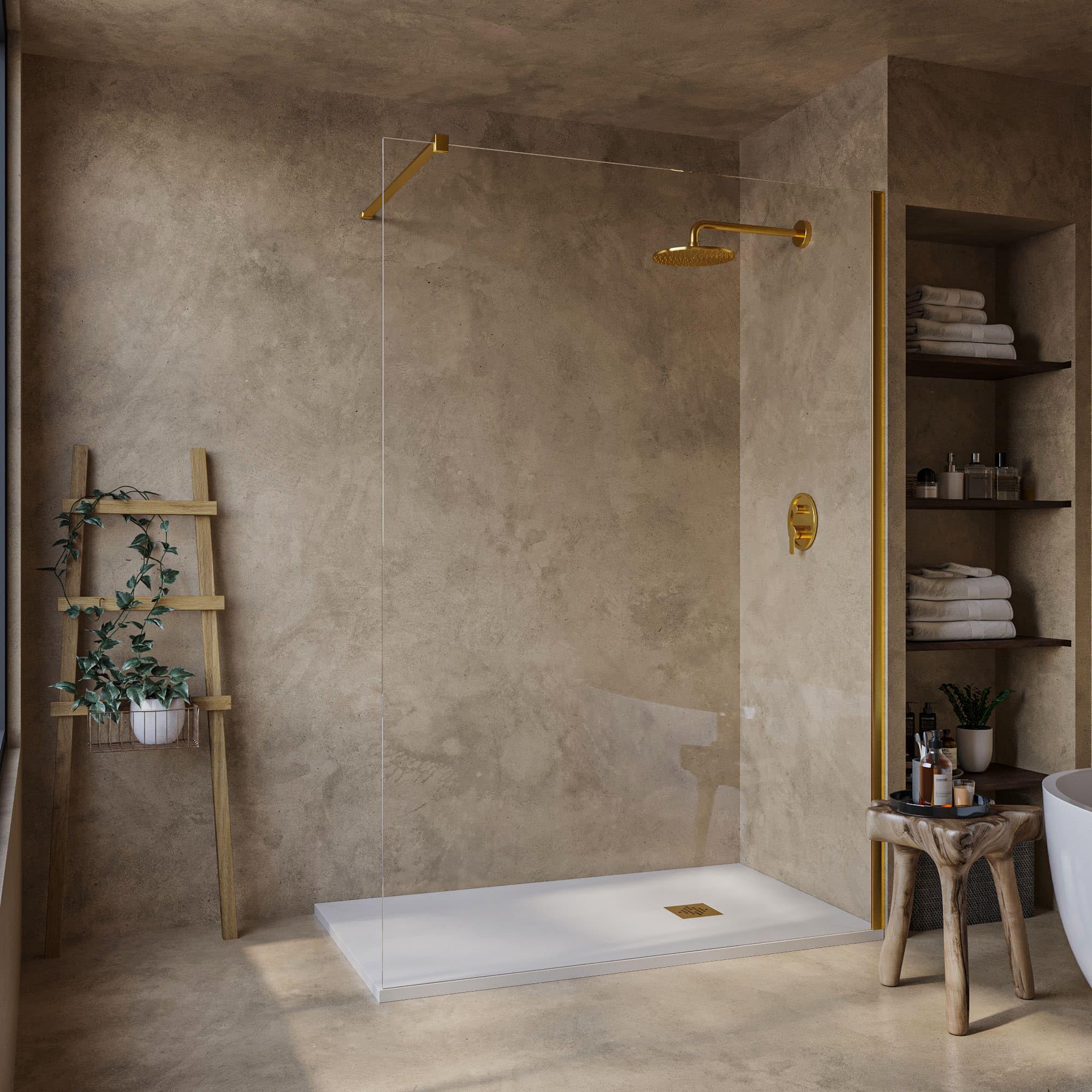SOULHOME Plato de Ducha - Resina - Gel Coat - Textura Liso Seda - Antideslizante - Color Blanco Roto - 150X75- Extraplano 3cm. Incluye Válvula de desagüe - REJILLA GOLD