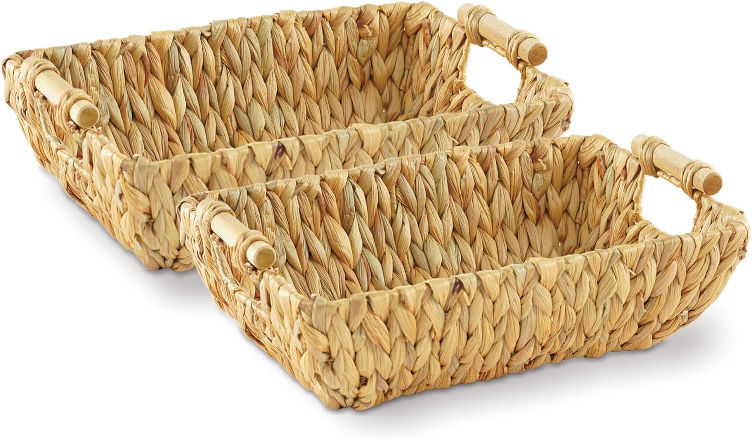 Greenatural Water Hyacinth Storage Baskets Set of 2, 15×10.75×5 in Handwoven Rectangular Organizers with Wooden Handles, Wicker Baskets for Shelf, Bathroom, Kitchen, Office, Natural Home Decor