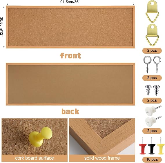 DoubleFill 12 x 36 Cork Board Framed Wall Mounted Bulletin Board, Brown
