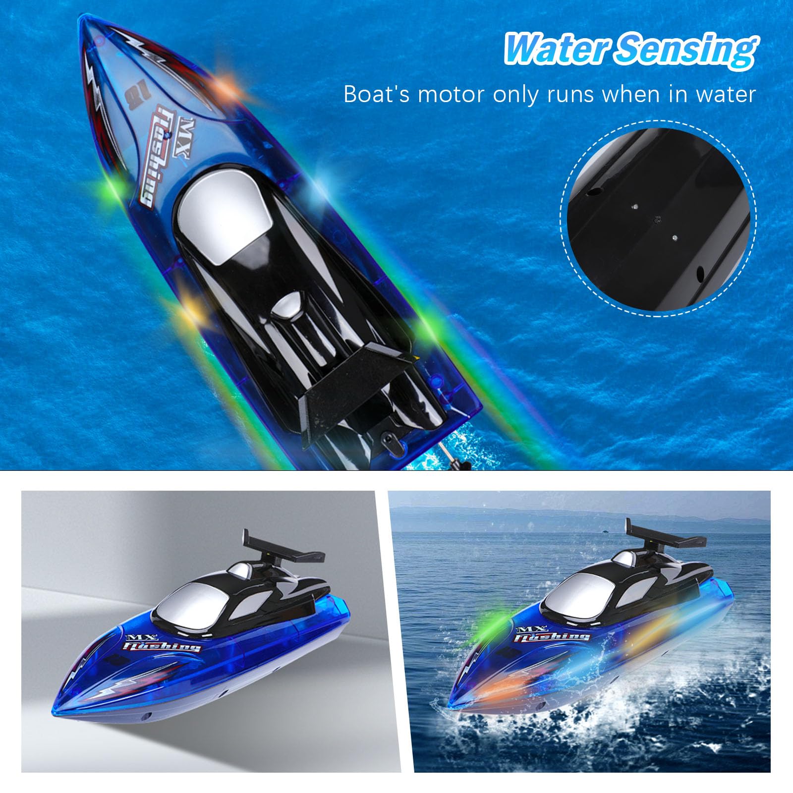 Barco RC para Niños con Luces LED, Control 2.4 GHz, 2 Baterías Recargables, Alarma de Batería Baja, Juguete Acuático para Piscinas y Lagos, Niños de 8 a 12 Años