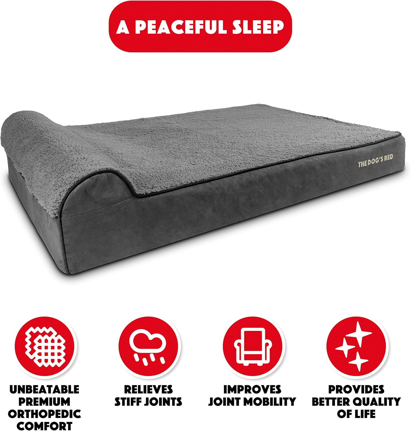 The Dog’s Bed Orthopedic Memory Foam Dog Bed with Headrest, Calming Surface – CertiPUR-Certified Foam, Plush Fabric, Grey Plush, XXL, 6-Inch