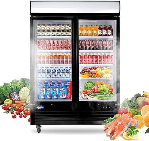 kalifon Refrigerador comercial de 54 pulgadas con 2 puertas de cristal, refrigerador vertical de 49 pies cúbicos con iluminación LED, color negro
