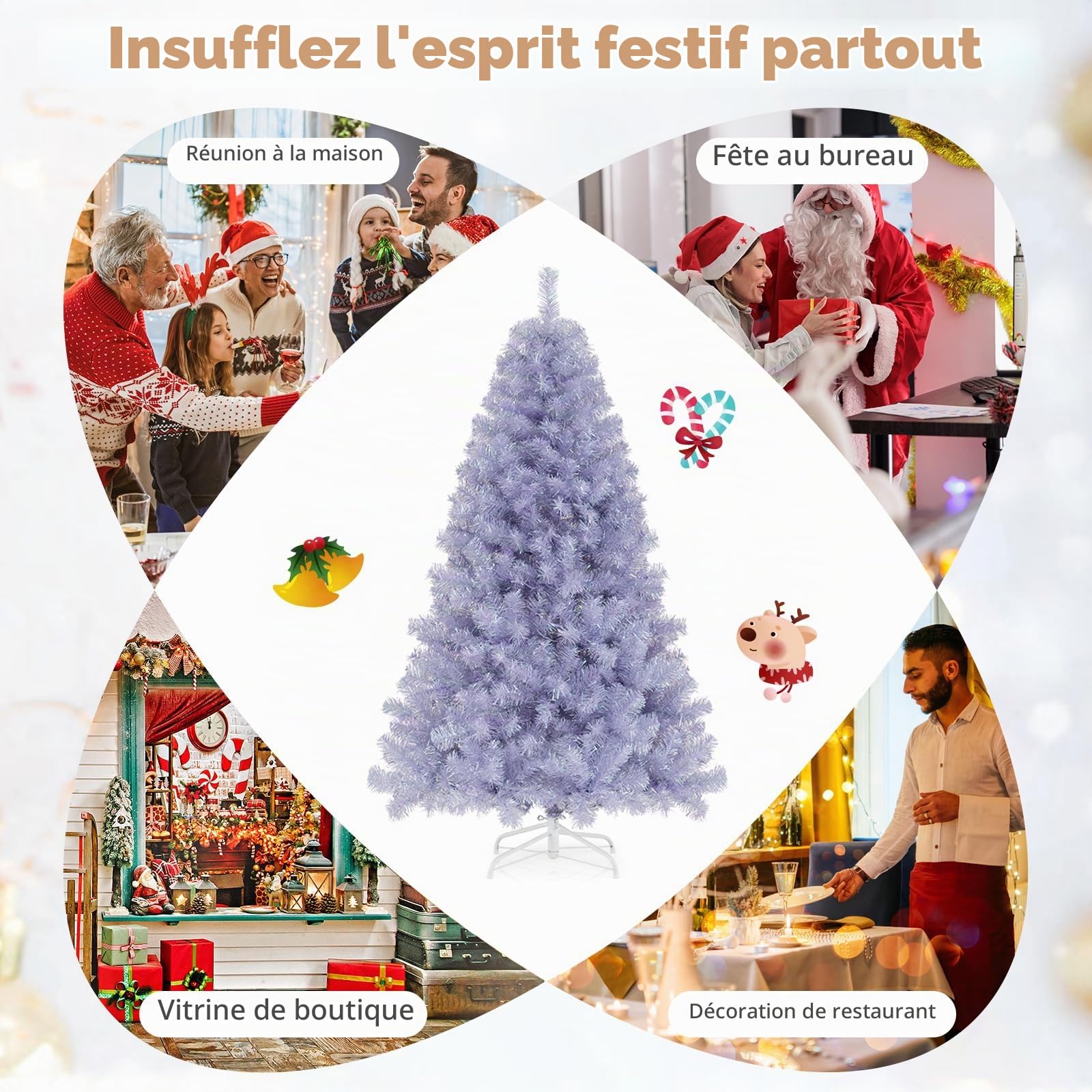 GYMAX Sapin de Noël Artificiel 180cm Violet Lumineux LED avec 250 Lumières Blanc Chaud, 8 Modes d'Éclairage, 688 Branches à à Sequins, Décoration de Fête pour Domicile, Bureau