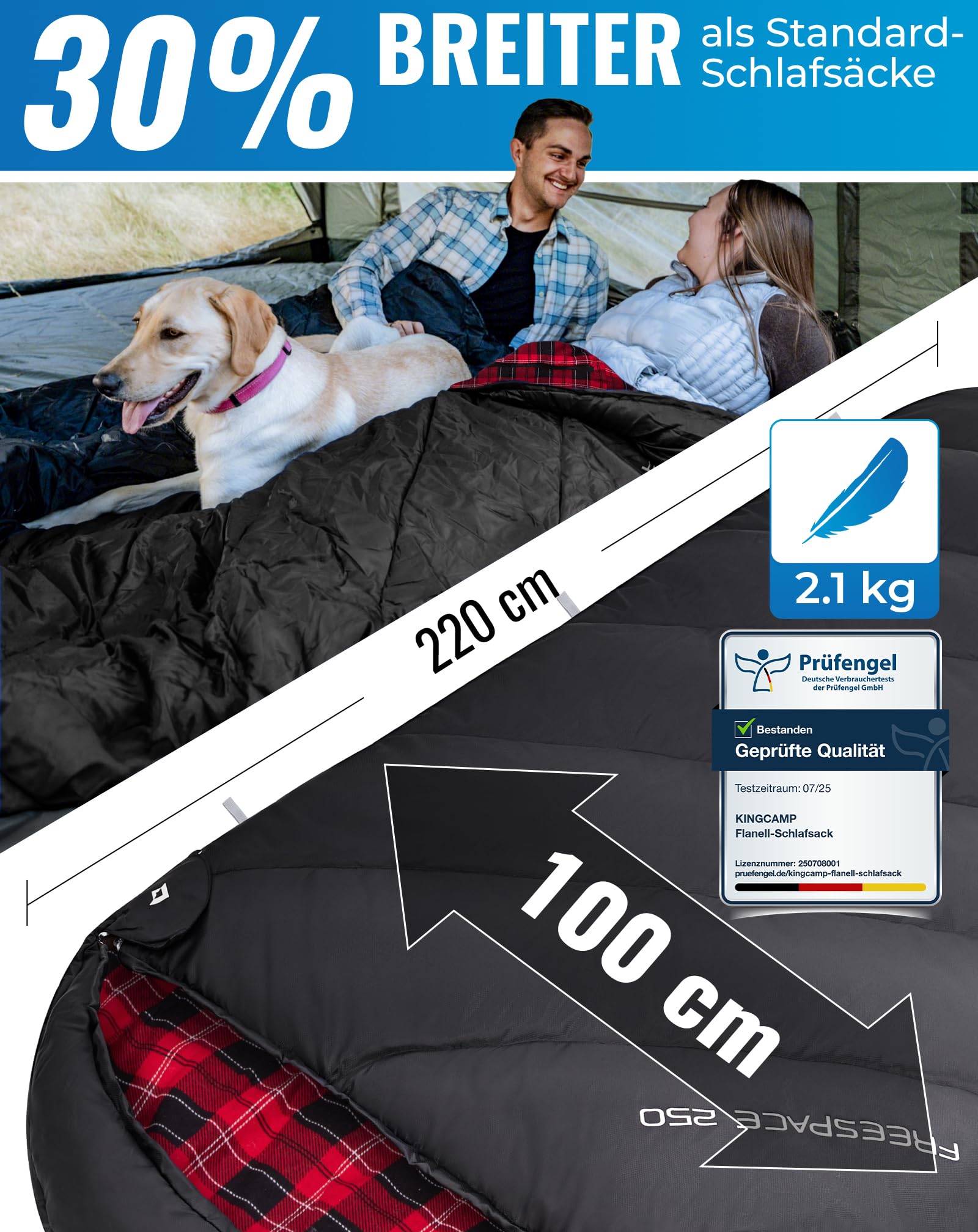 KingCamp Schlafsack XXL Baumwolle Flanell für Erwachsene, Übergröße Warm Deckenschlafsack Winter für Camping Reisen und Aktivitäten Outdoor im 4-Jahreszeiten, 220x100cm