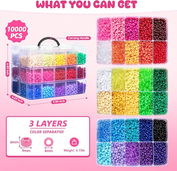 Simetufy 10000Pcs Pony Beads Bulk, 30 Colors Rainbow Kandi Beads for Hair Braiding Bracelet Making Kandi Jewelry Key Chains DIY Crafts Gifts Gifts (5.73lb, Stack Box)