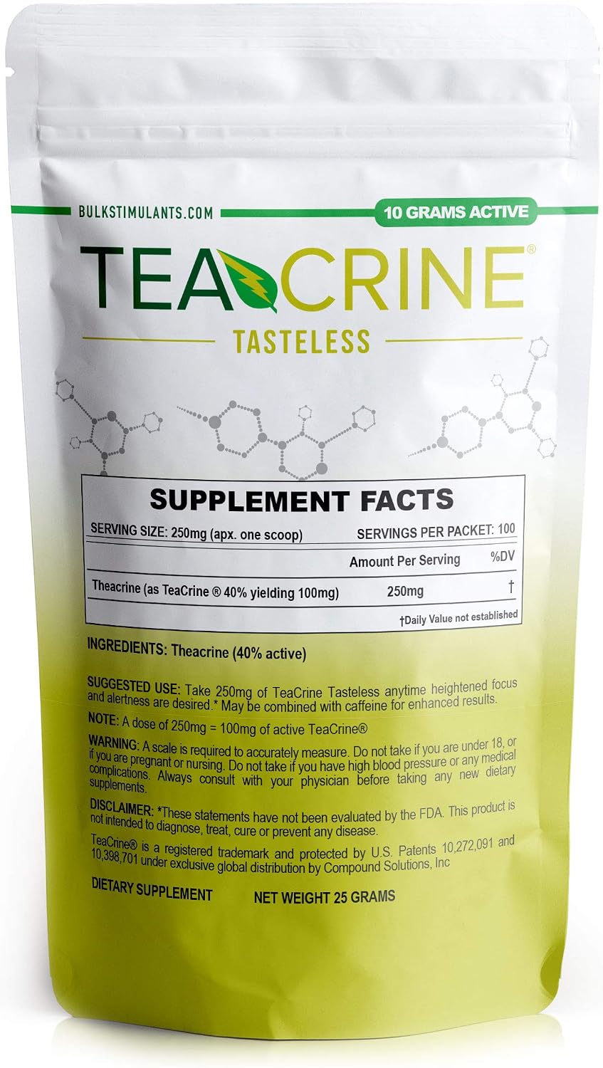 TEACRINE Tasteless Powder: Theacrine Supplement, Nootropic Stimulant Free for Energy Motivation Endurance &amp; Focus, 100 Servings - 25 Grams