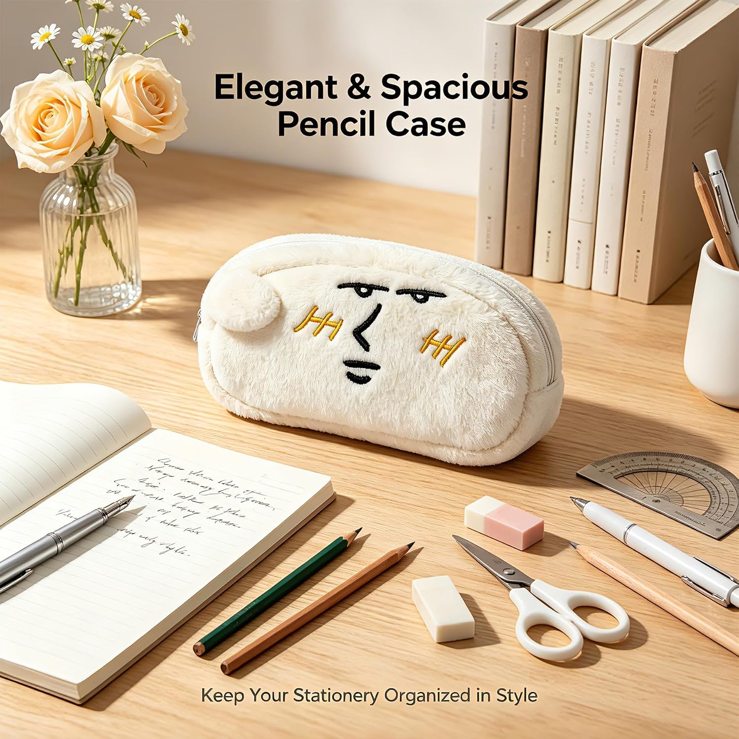 KEYDUACU Cute Plush Pencil Case with Funny Sassy Expression Design, Large Capacity Soft Pen Pouch, Kawaii Stationery Bag for Office, Daily Use & Travel