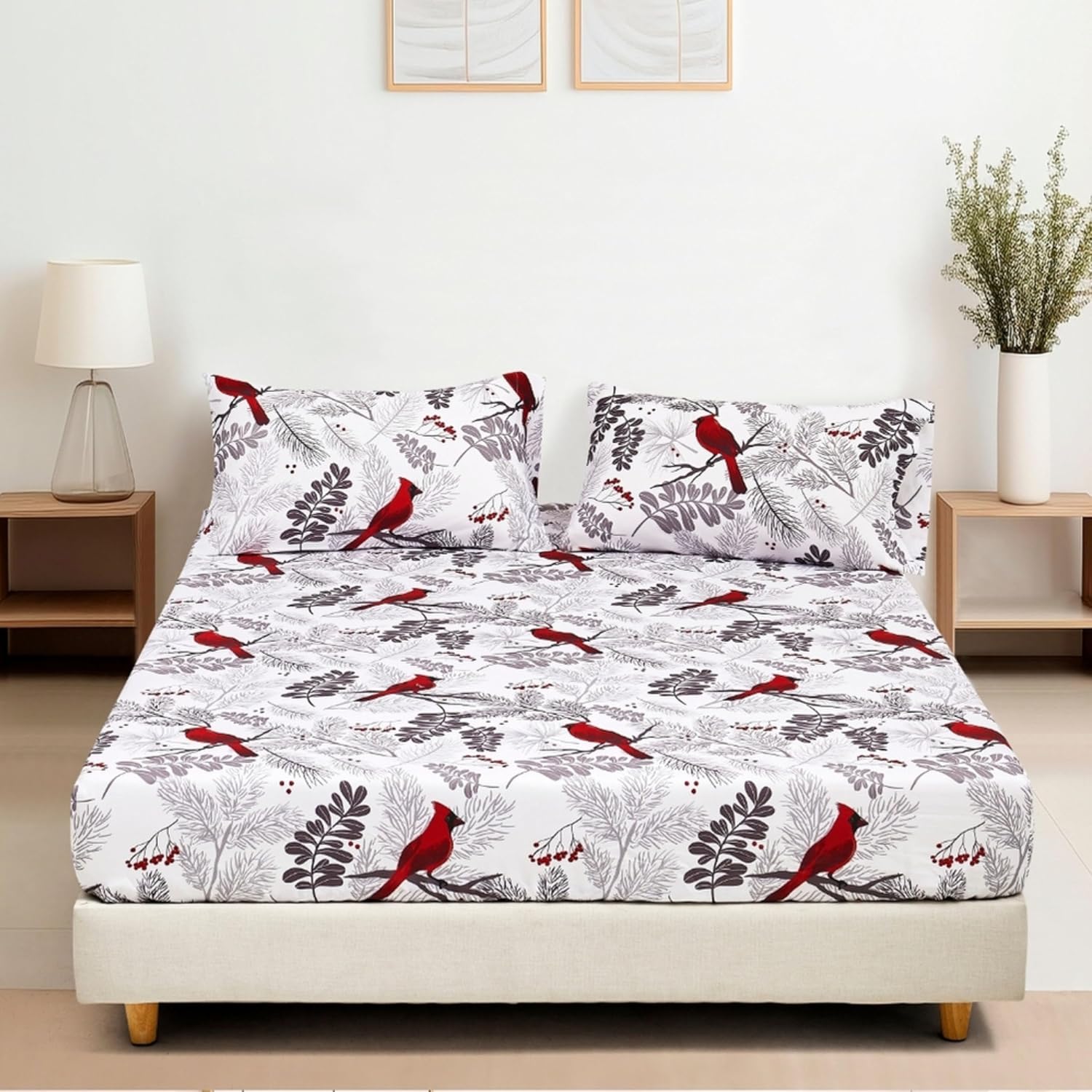 Virah Bella 4-Piece King-Size Printed Microfiber Bed Sheet Set - Cardinals