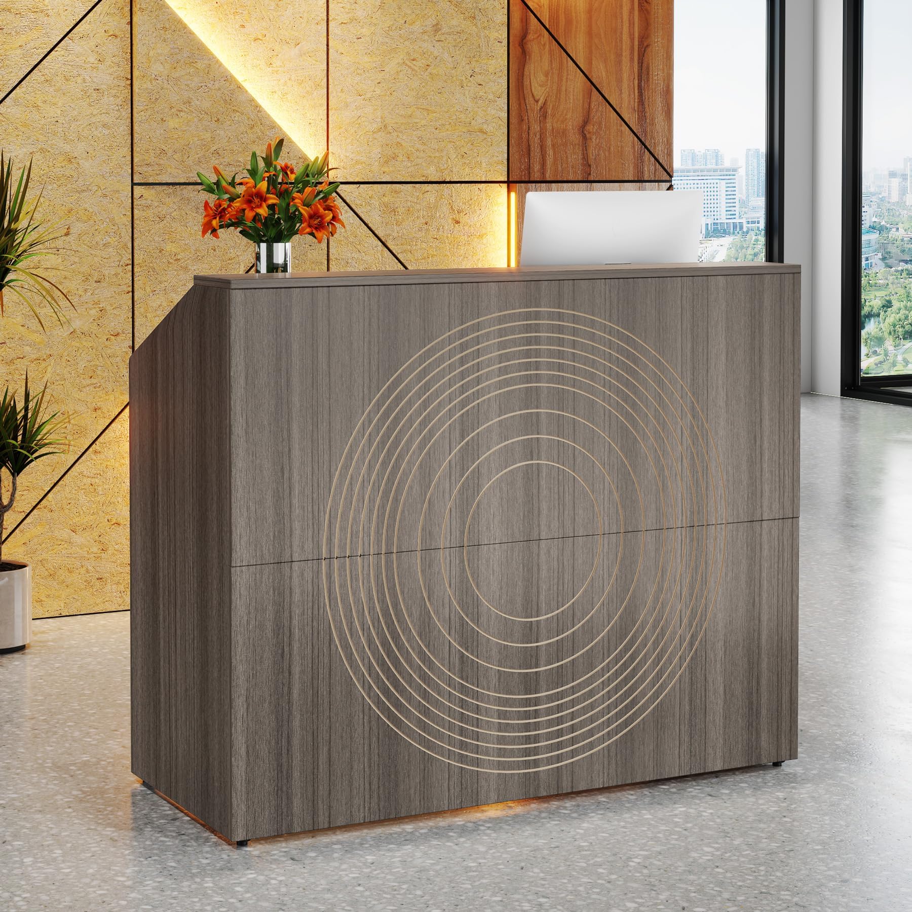 TribesignsReception Desk with Counter, Modern Front Desk Reception Room Table with Cable Grommet, 47 inch Retail Counter for Checkout, Lobby, Beauty Salon, Home Office Desk, Grey