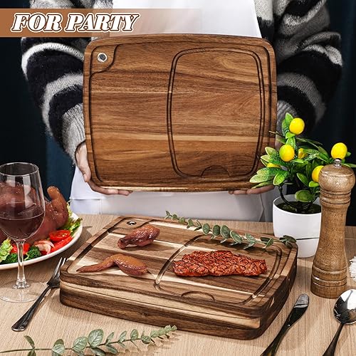 Miniatura 2 de Uiifan Juego de 4 platos de carne con canal de jugo, platos de madera para carne, tabla de cortar de madera de acacia, tabla de servir para el