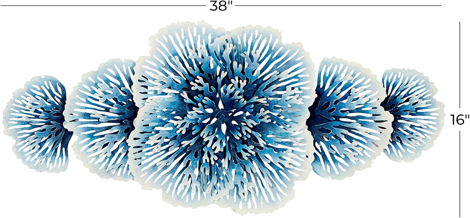 Deco 79 Metal Floral Home Wall Decor 3D Wall Sculpture, Wall Art 38" x 3" x 16", Blue