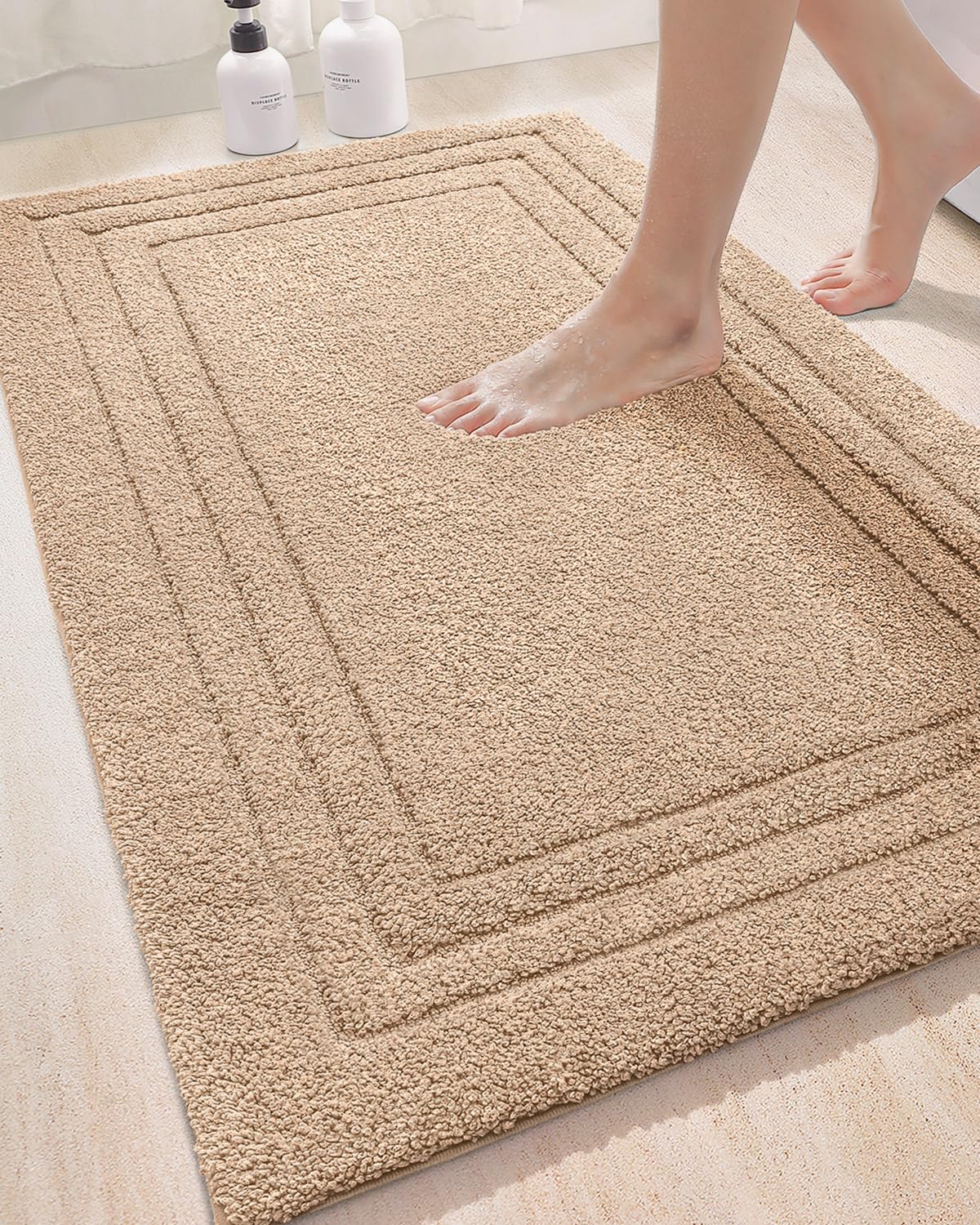 DEXIBathroom Rug Mat 43x24, Ultra Soft Absorbent Mats, Non Slip Washable Shower Floor Rugs, Quick Dry Microfiber Bathmat for Tub, Sink, Bath Accessories Decor, Beige