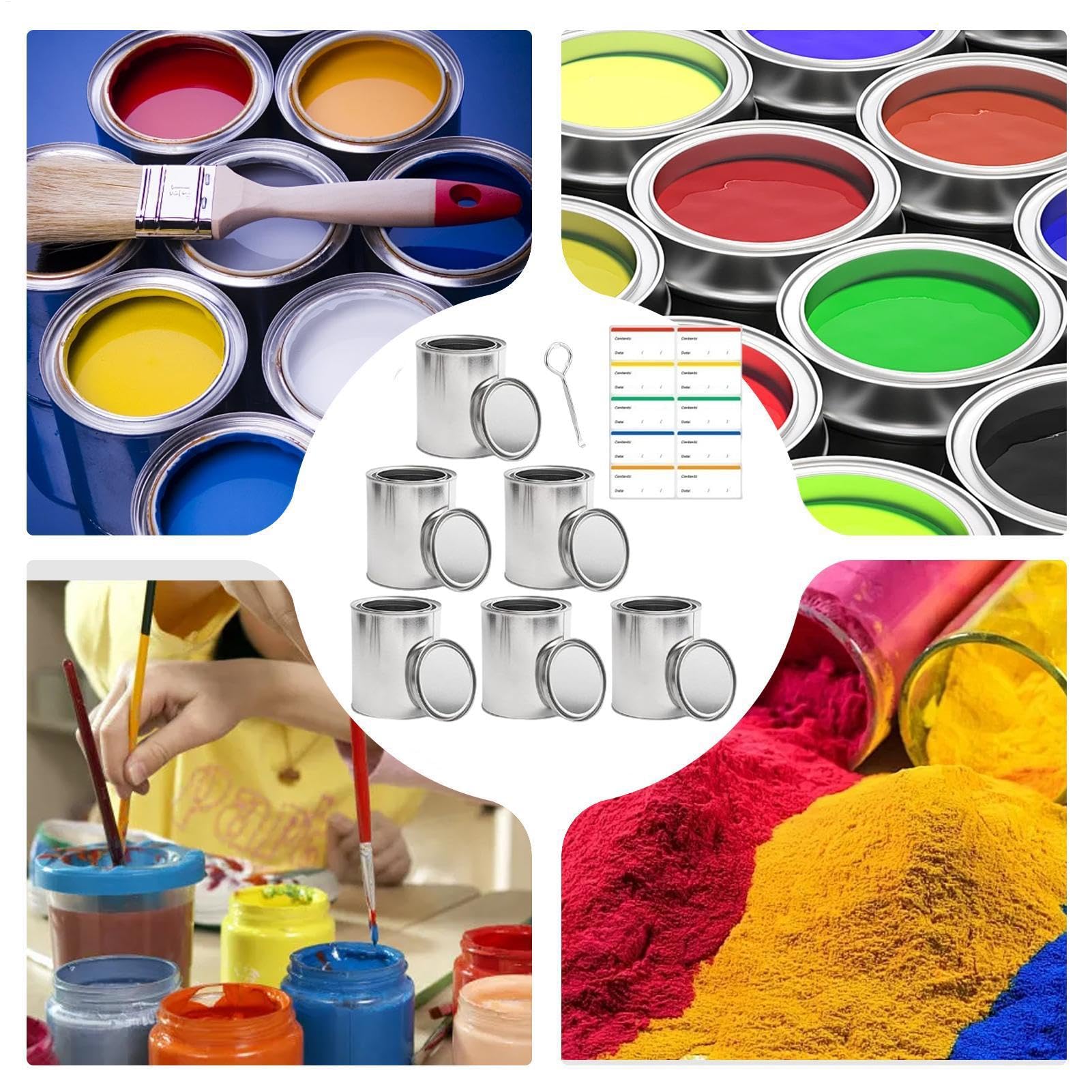 Latas de pintura vacías, recipientes de pintura sin forro con abrelatas y calcomanías, organización de garaje, cubo organizador plateado para disolventes, artes, manualidades, proyectos de