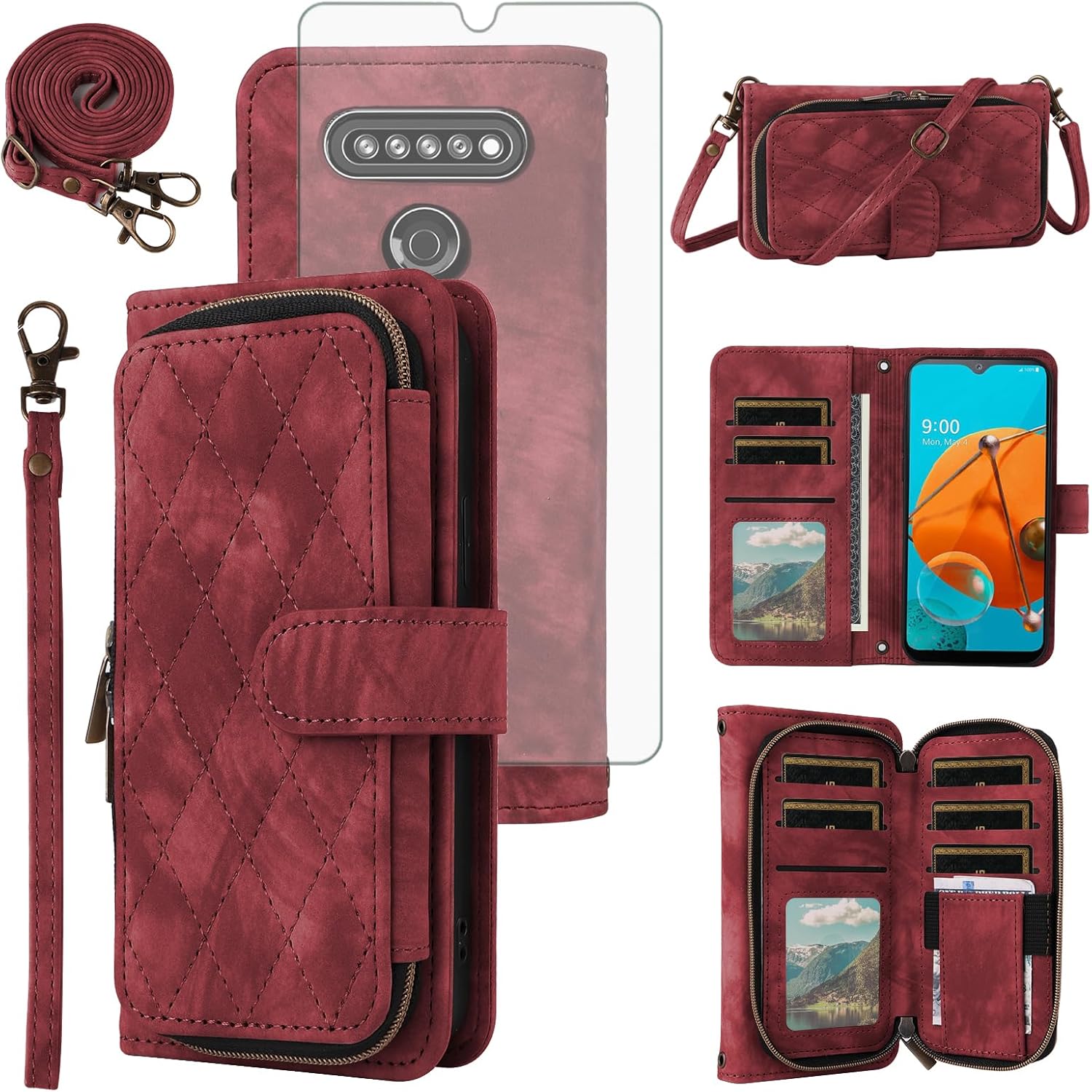 Phone Case for LG K51/Reflect LTE/Q51 Wallet Cell Cover with Tempered Glass Screen Protector Crossbody Lanyard Strap Flip Zipper Purse Card Holder LGK51 K 51 51K L555DL 2020 LGK51Phone LG51Cases Red