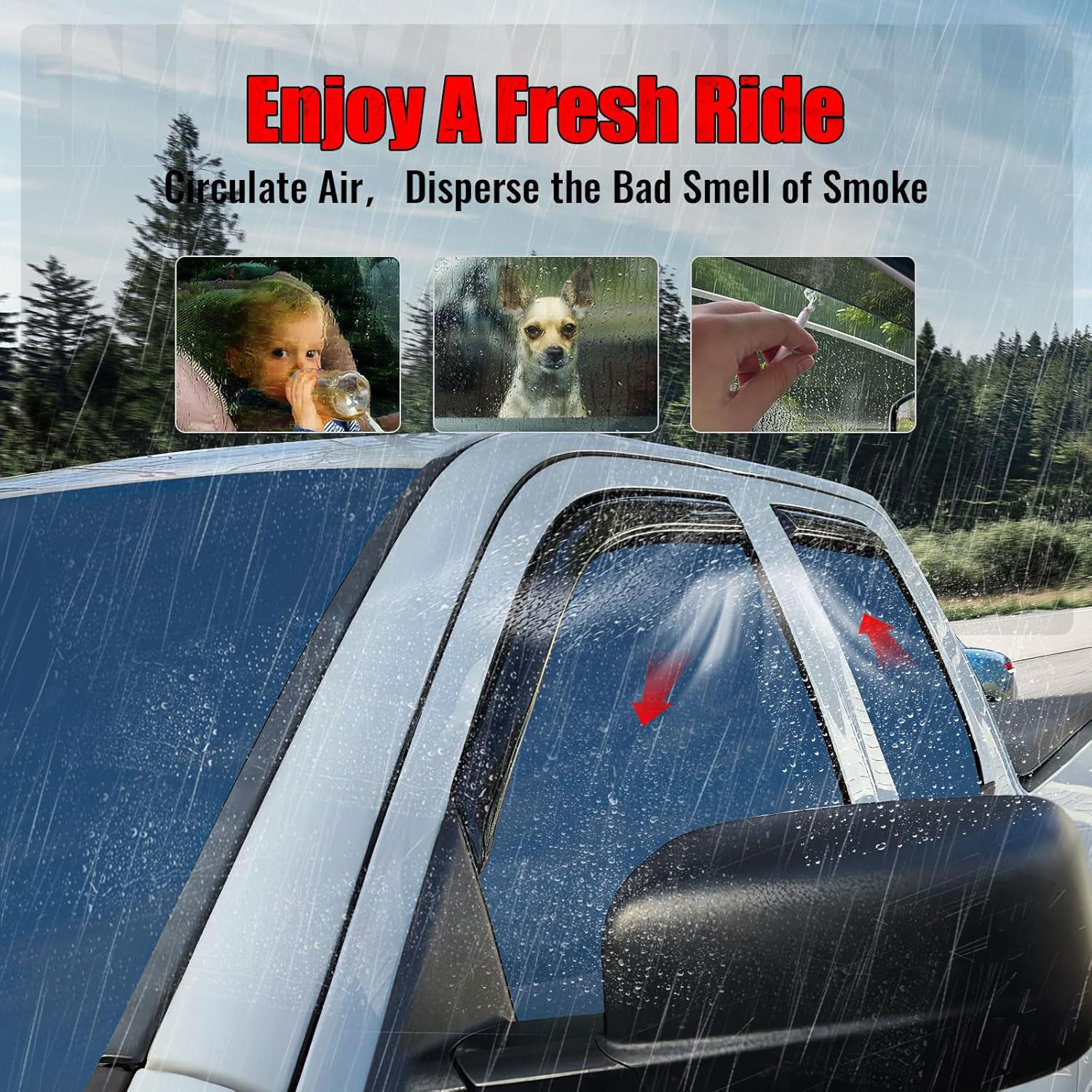 IKON MOTORSPORTS in Channel Window Visors Compatible with 2009-2018 Dodge Ram 1500 Quad Cab, 2019-2024 Ram 1500 Classic Quad Cab, Acrylic Smoke Rain Guards, Side Window Wind Deflectors 4PCS