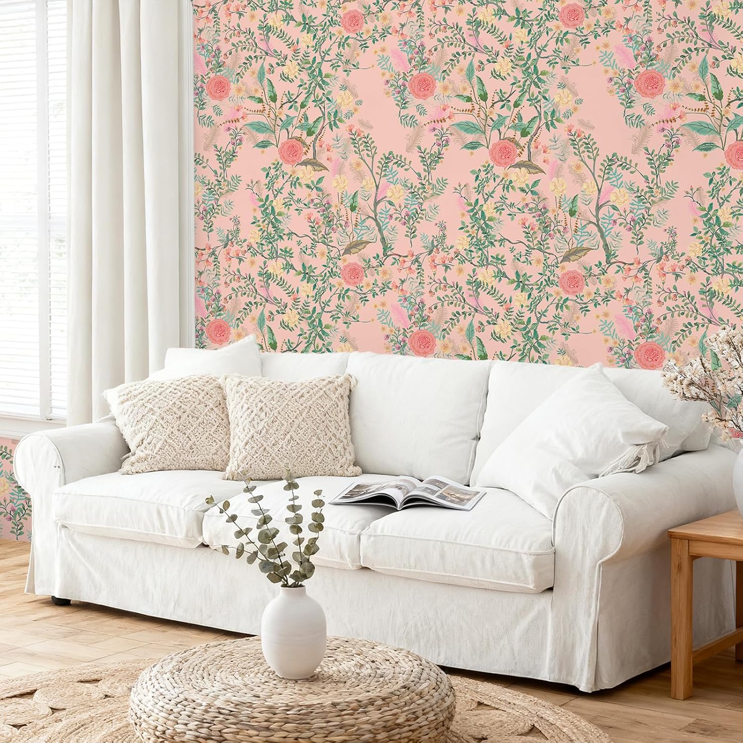 VEELIKE Peach Pink Chinoiserie Wallpaper Vintage Floral Peel and Stick Wallpaper for Bathroom Bedroom 17.7''x354'' Self Adhesive Flower Wall Paper Pink Floral Contact Paper for Cabinets Shelves Wall