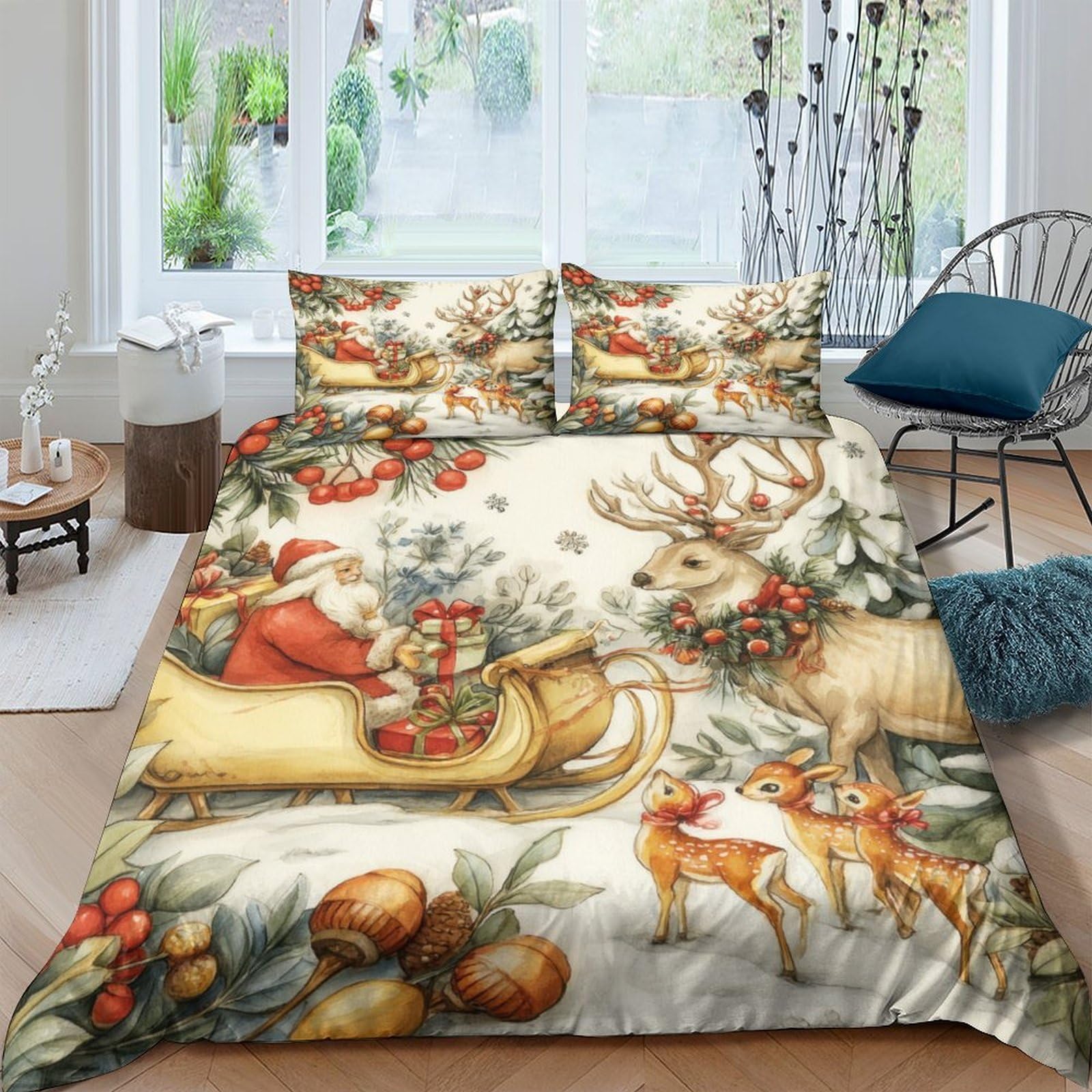 Ctjqhvkz Style-2 3D Printed Christmas Santa Sleigh Fitted Sheet Microfiber Soft Festive Reindeer Bed Cover For Bedroom Dorm Mattress Protection Decor Single（135X200cm）