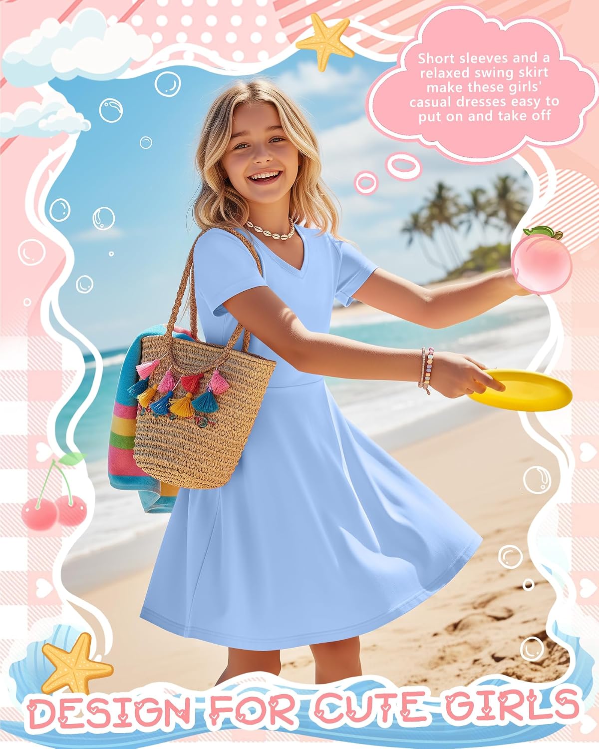 2 Pack Girls' Dresses Short Sleeve V Neck Skater A Line Summer Casual Cute Spring Jersey Dress for Kids 5-14Y