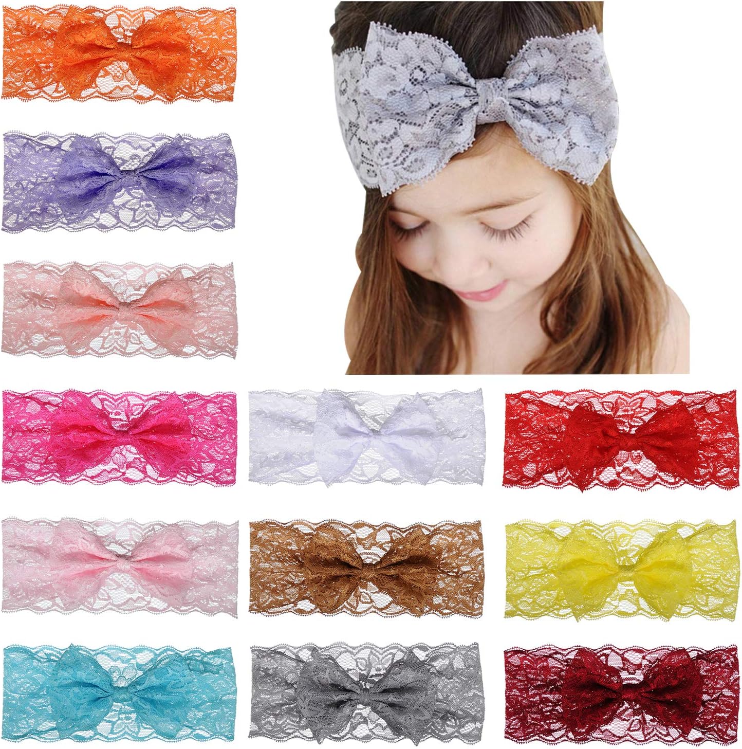 MarJunSep 12pcs Baby Girls Lace Headbands Hairbands Hair Bow Stretchy Bands Hair Accessories for Toddler Girls Kids Infants